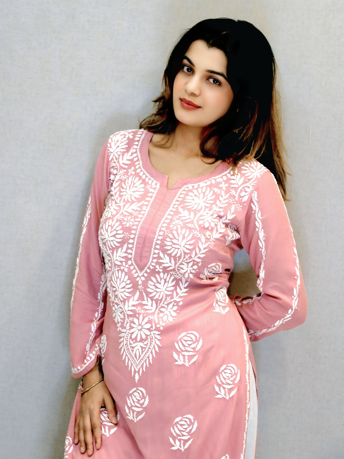 Peach Modal Chikankari Kurti