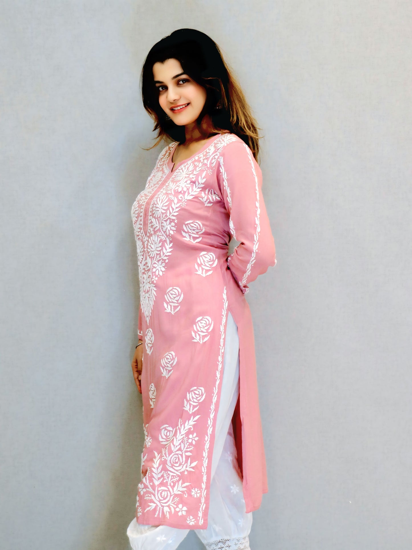 Peach Modal Chikankari Kurti