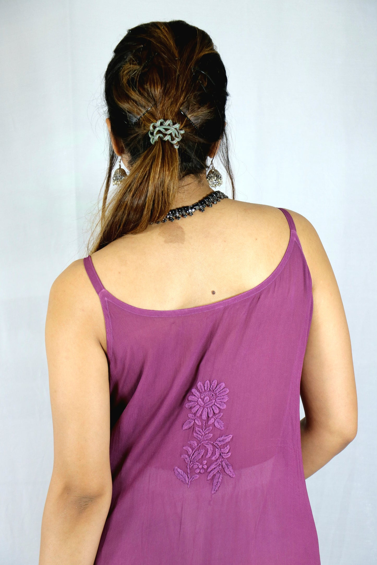 Purple Long Sleeveless Viscose/Georgette Chikankari Kurti