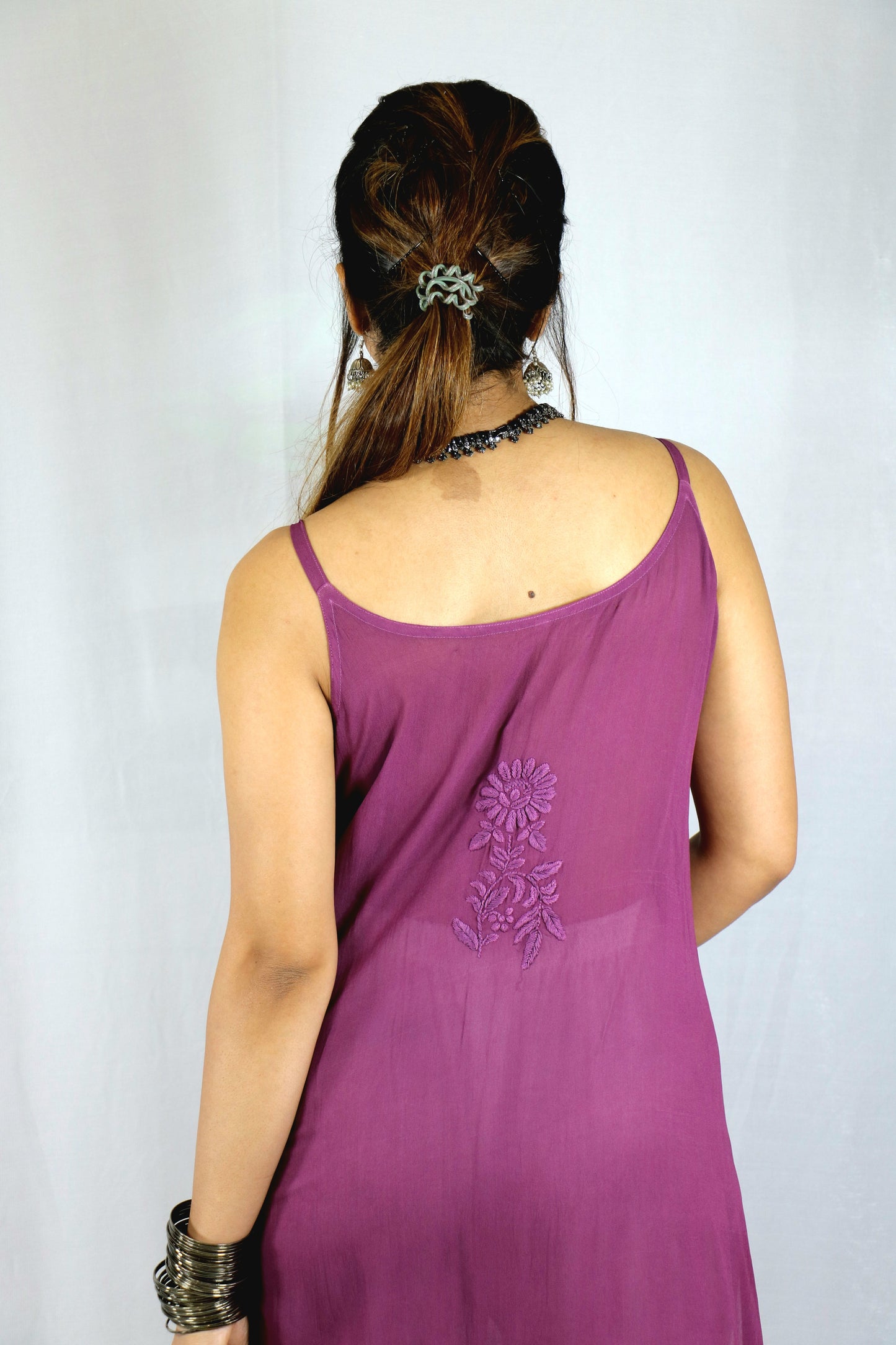Purple Long Sleeveless Viscose/Georgette Chikankari Kurti
