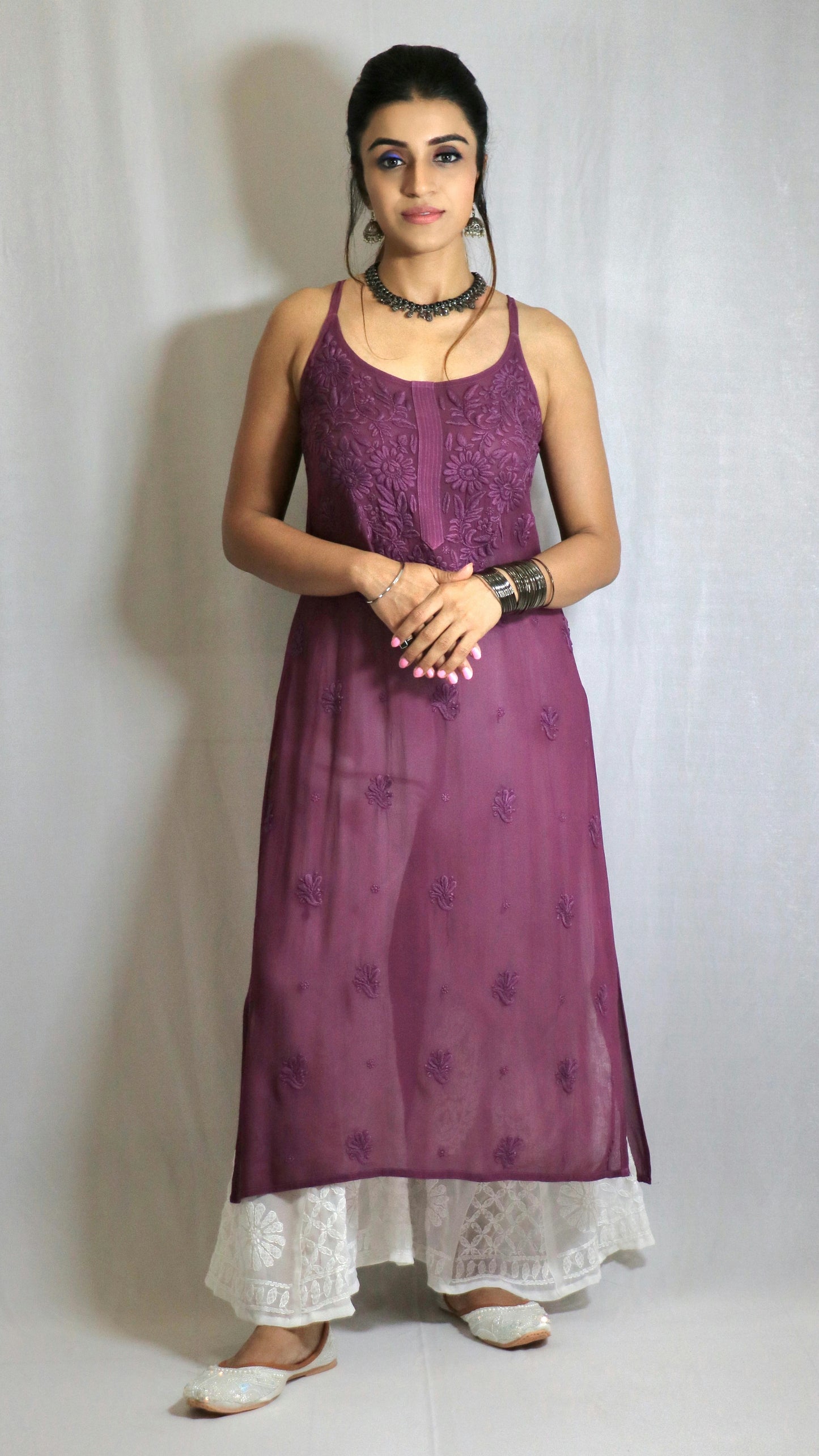 Purple Long Sleeveless Viscose/Georgette Chikankari Kurti
