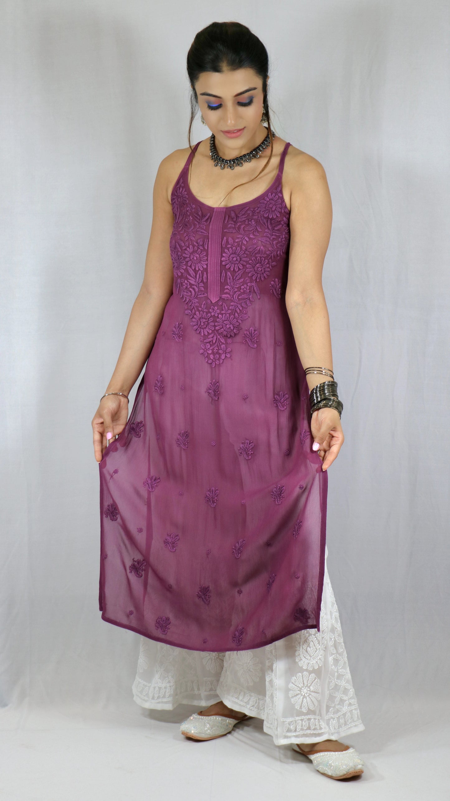 Purple Long Sleeveless Viscose/Georgette Chikankari Kurti