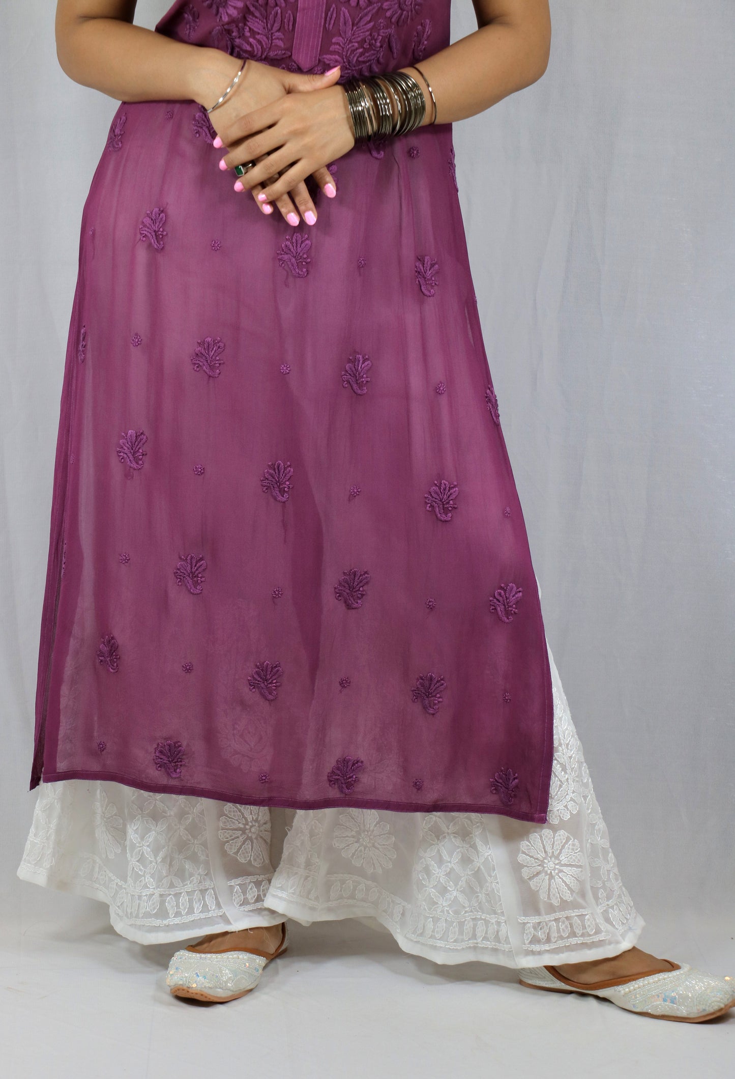 Purple Long Sleeveless Viscose/Georgette Chikankari Kurti