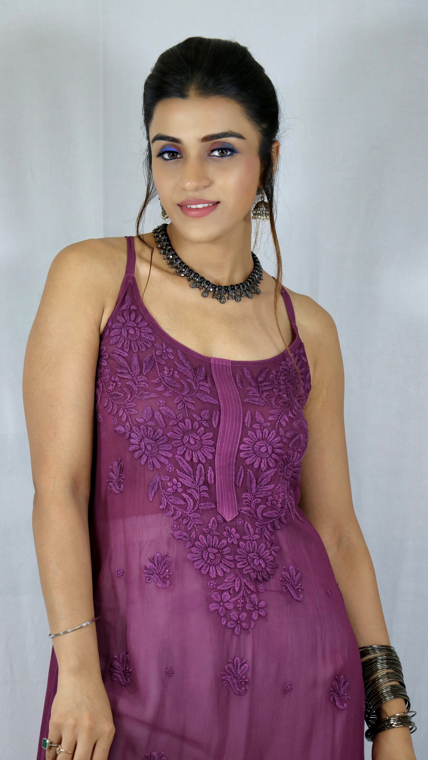 Purple Long Sleeveless Viscose/Georgette Chikankari Kurti
