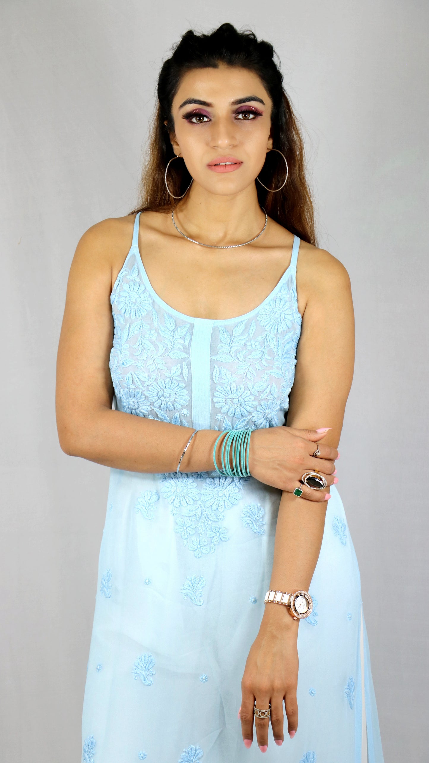 Light Blue Long Sleeveless Viscose/Georgette Chikankari Kurti