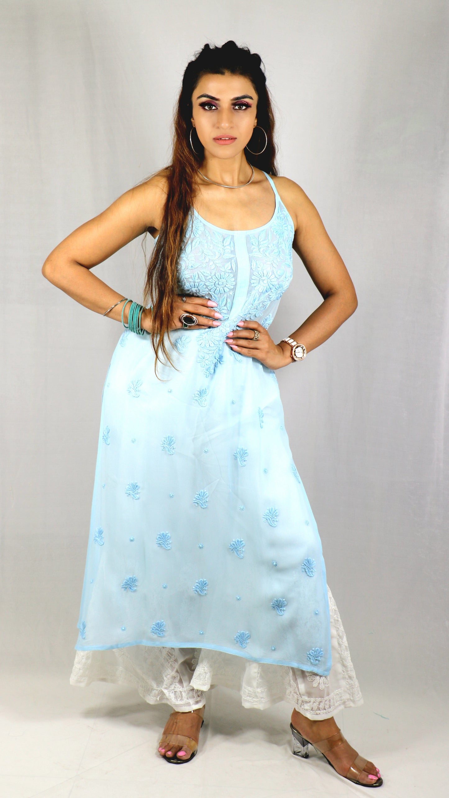 Light Blue Long Sleeveless Viscose/Georgette Chikankari Kurti