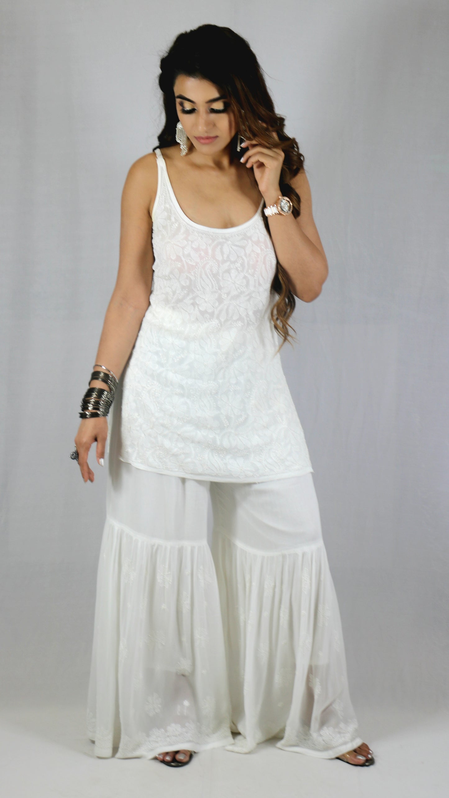 White Short Sleeveless Viscose Chikankari Kurti
