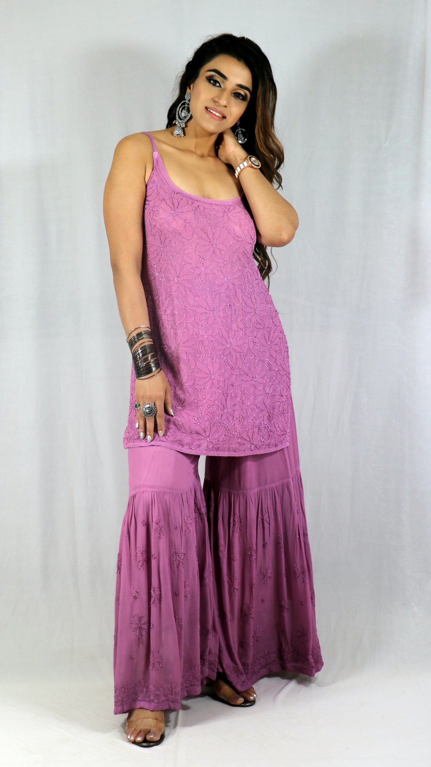 Purple Short Sleeveless Viscose Chikankari Kurti