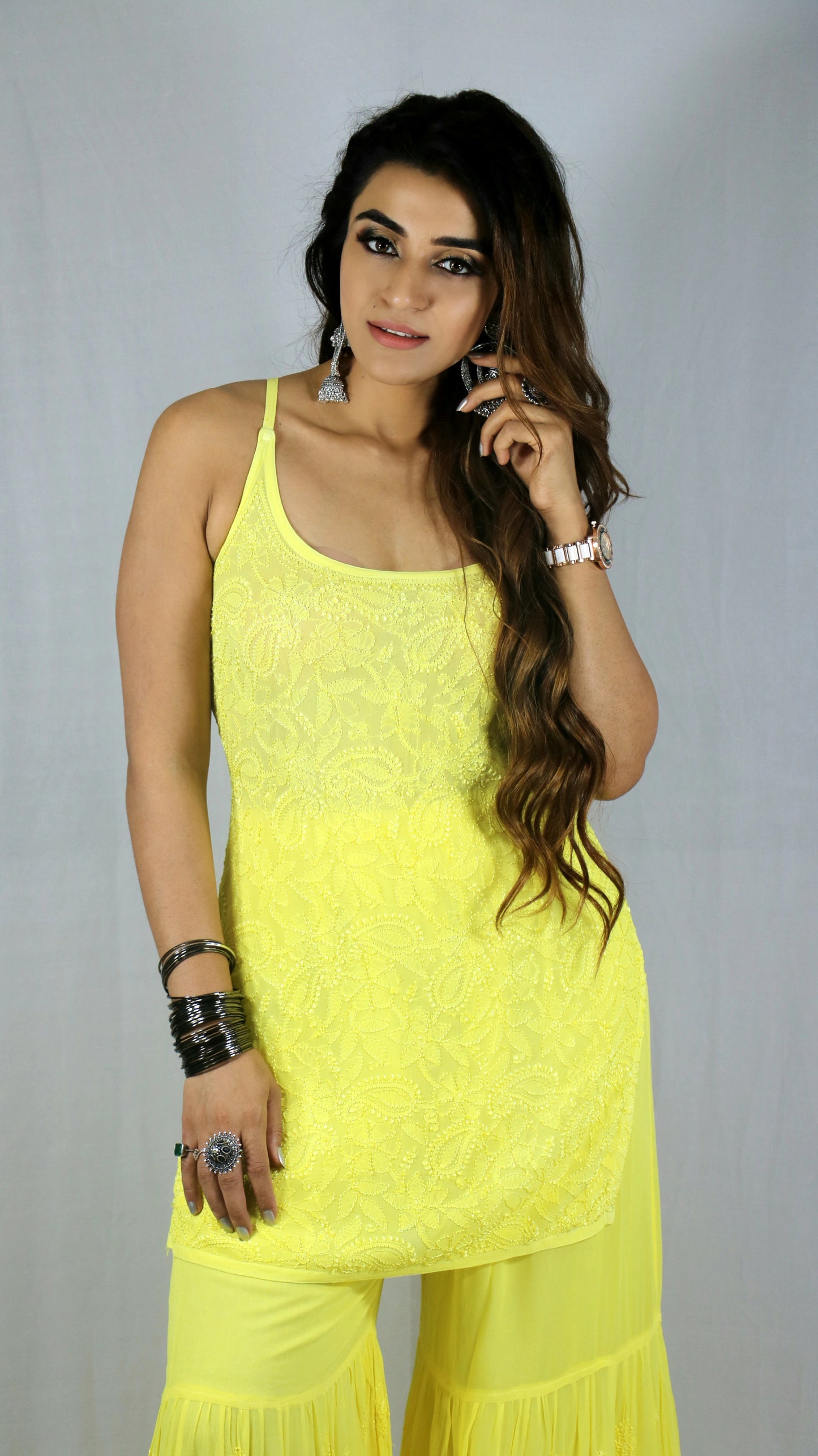 Yellow Short Sleeveless Viscose Chikankari Kurti