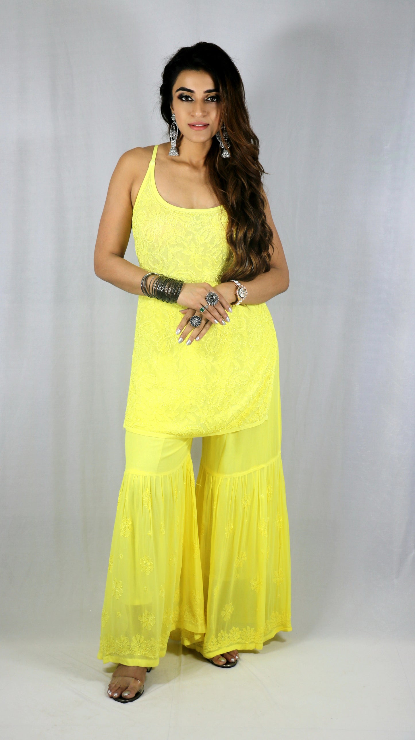 Yellow Short Sleeveless Viscose Chikankari Kurti