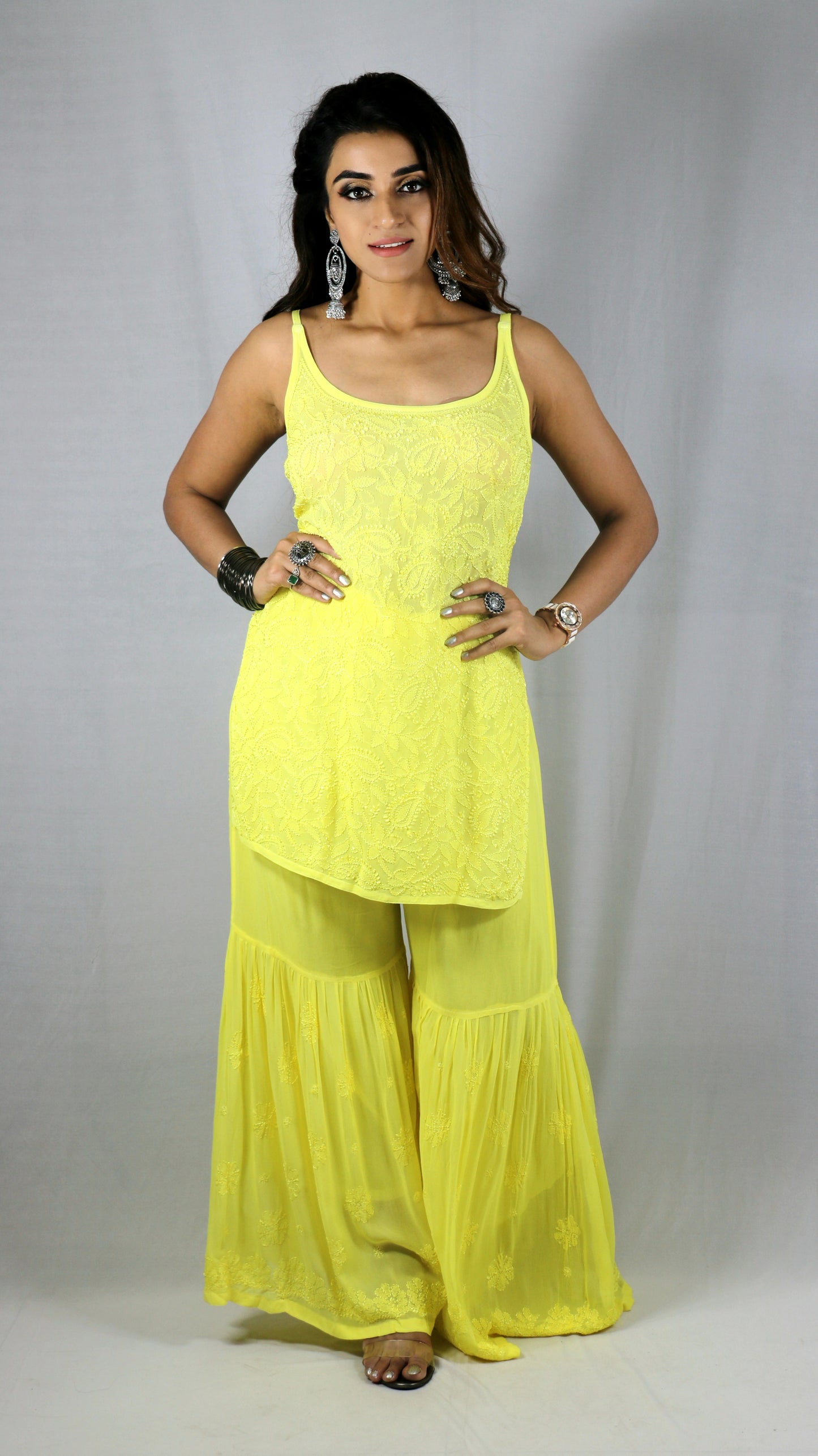 Yellow Short Sleeveless Viscose Chikankari Kurti
