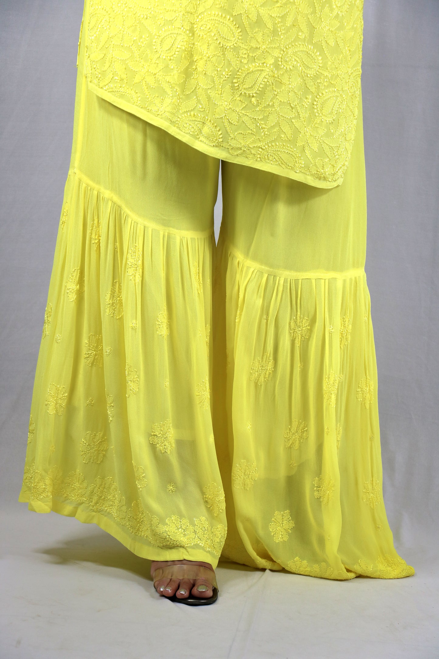 Yellow Short Sleeveless Viscose Chikankari Kurti