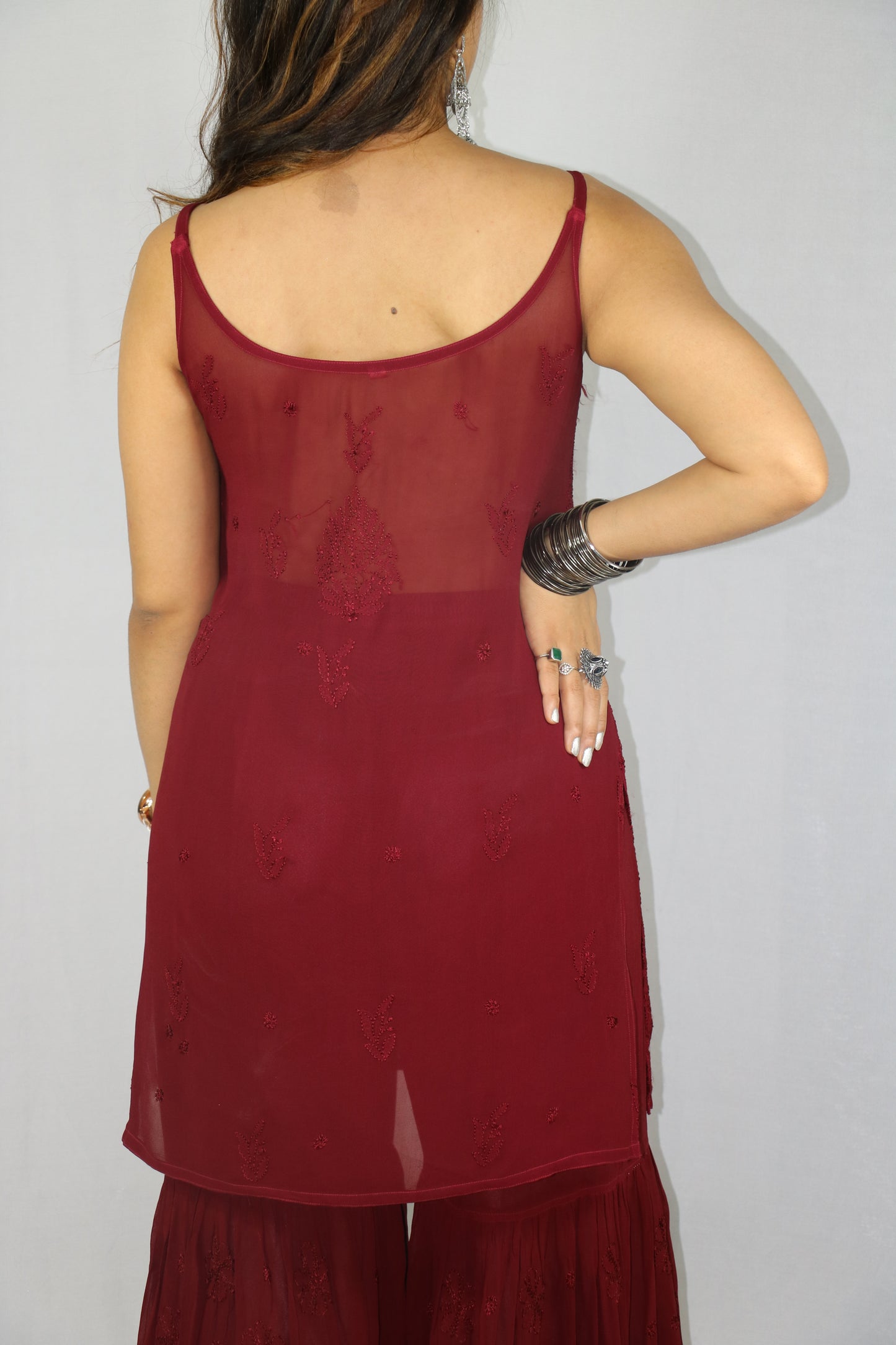 Maroon Short Sleeveless Viscose Chikankari Kurti