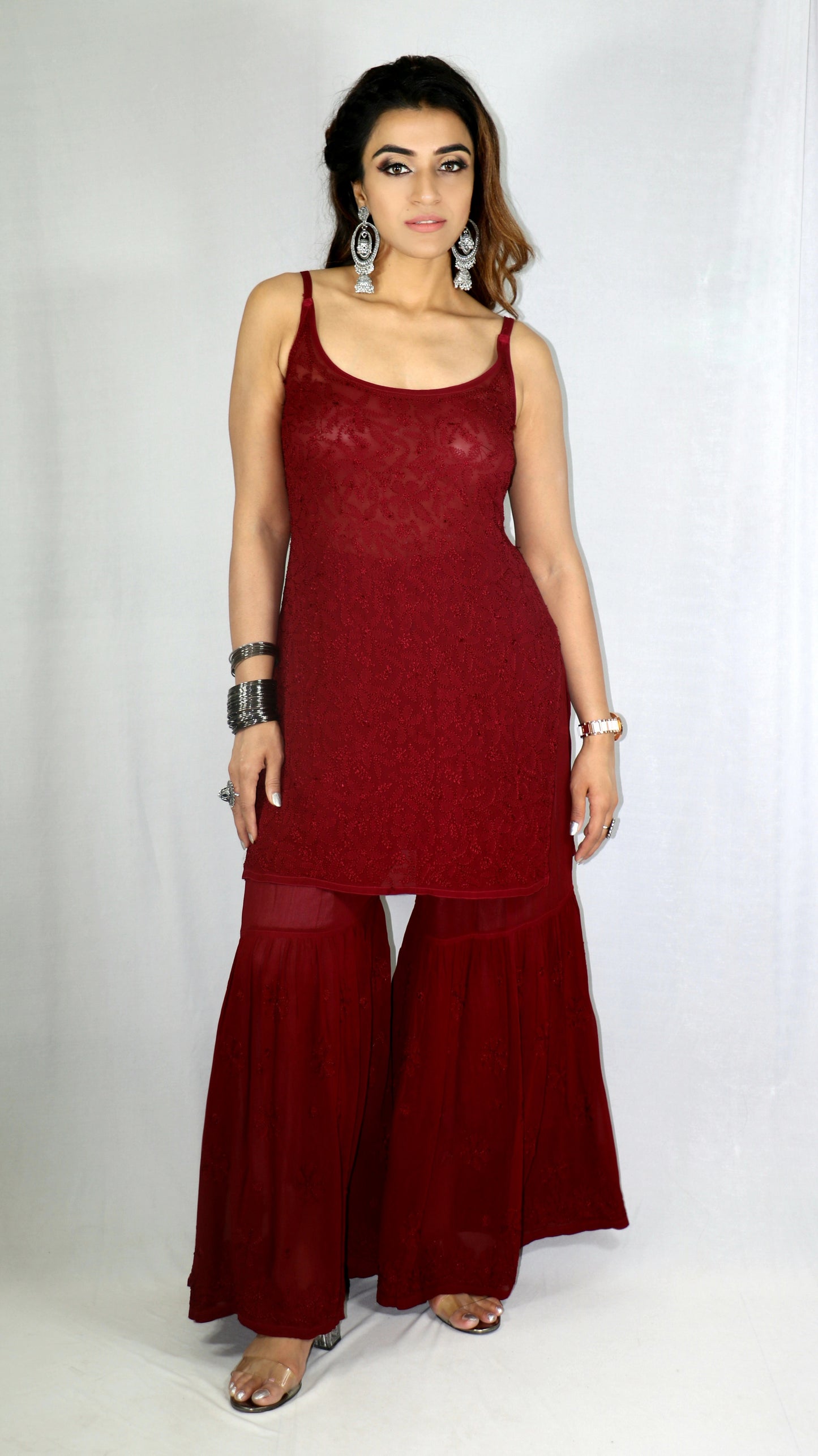 Maroon Short Sleeveless Viscose Chikankari Kurti
