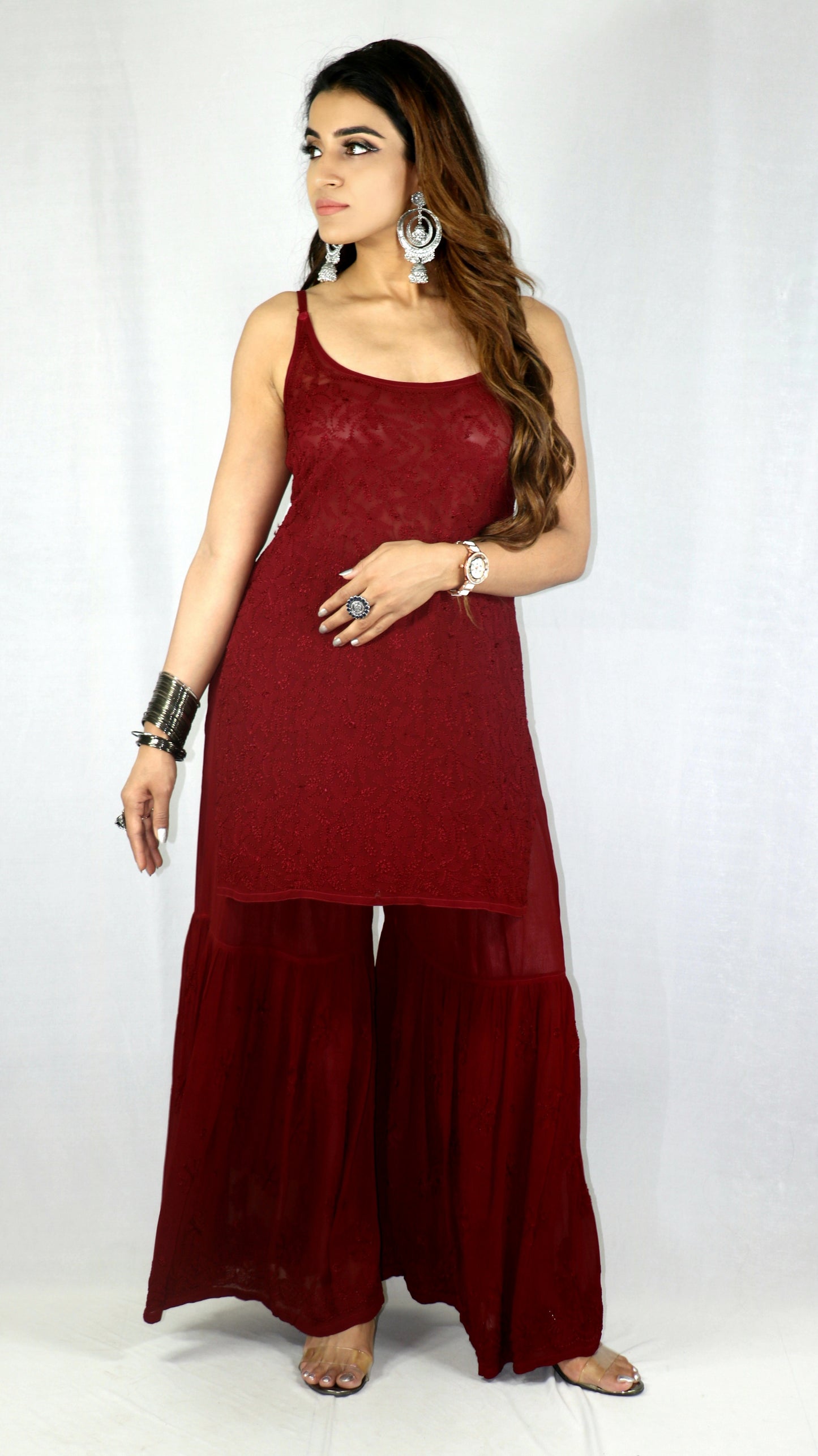 Maroon Short Sleeveless Viscose Chikankari Kurti