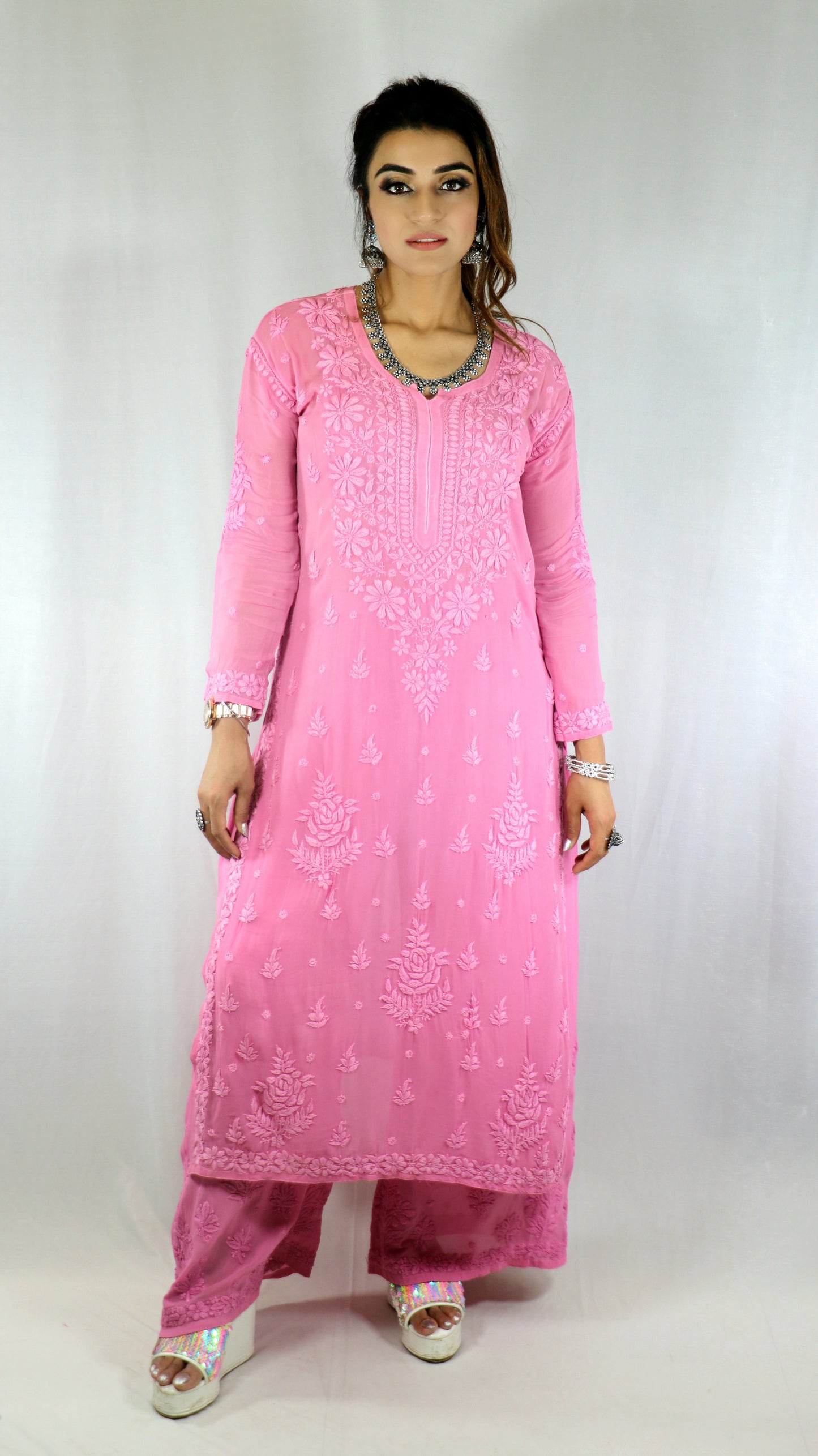 Pink Premium Viscose Chikankari Set