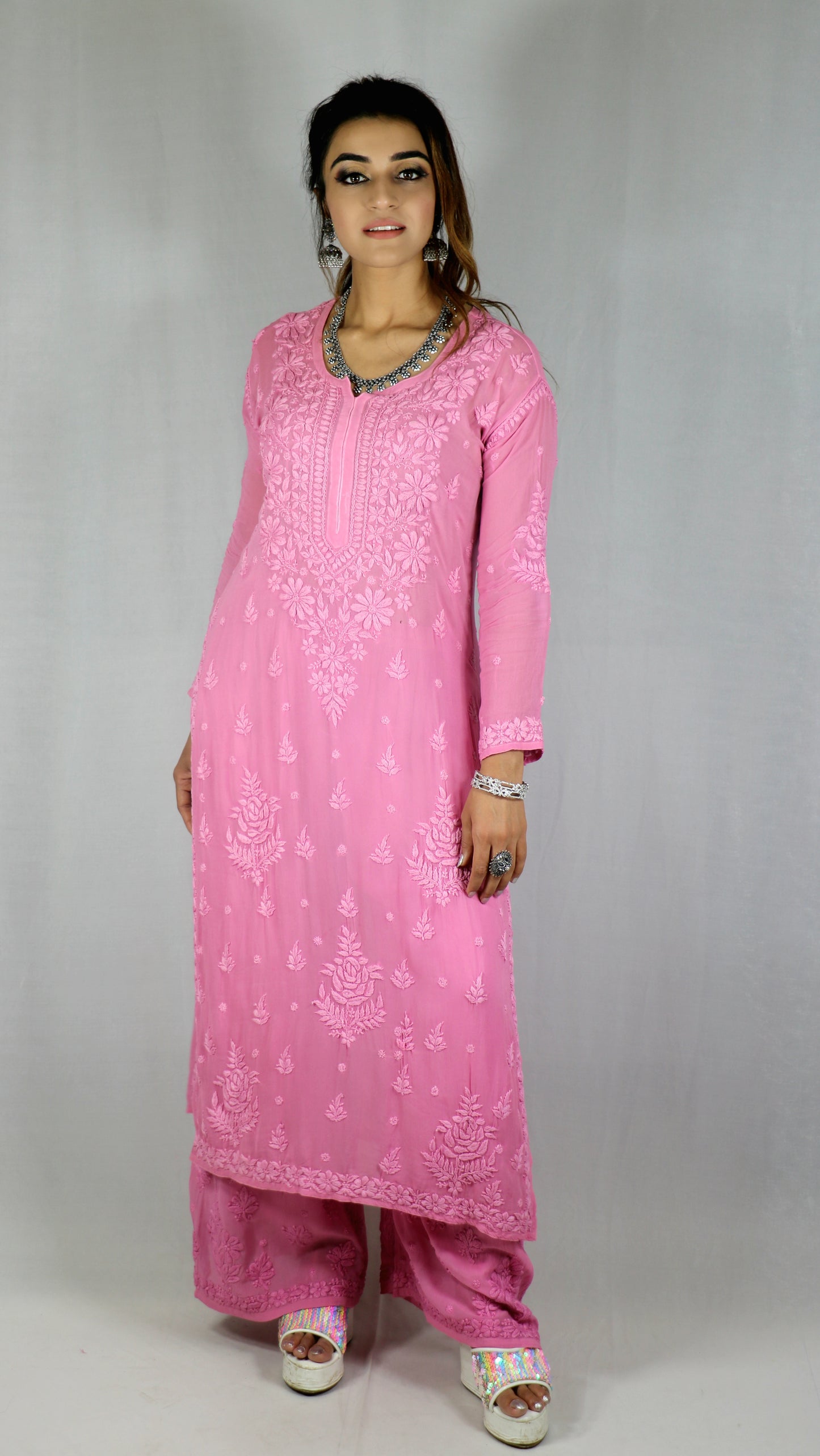 Pink Premium Viscose Chikankari Set