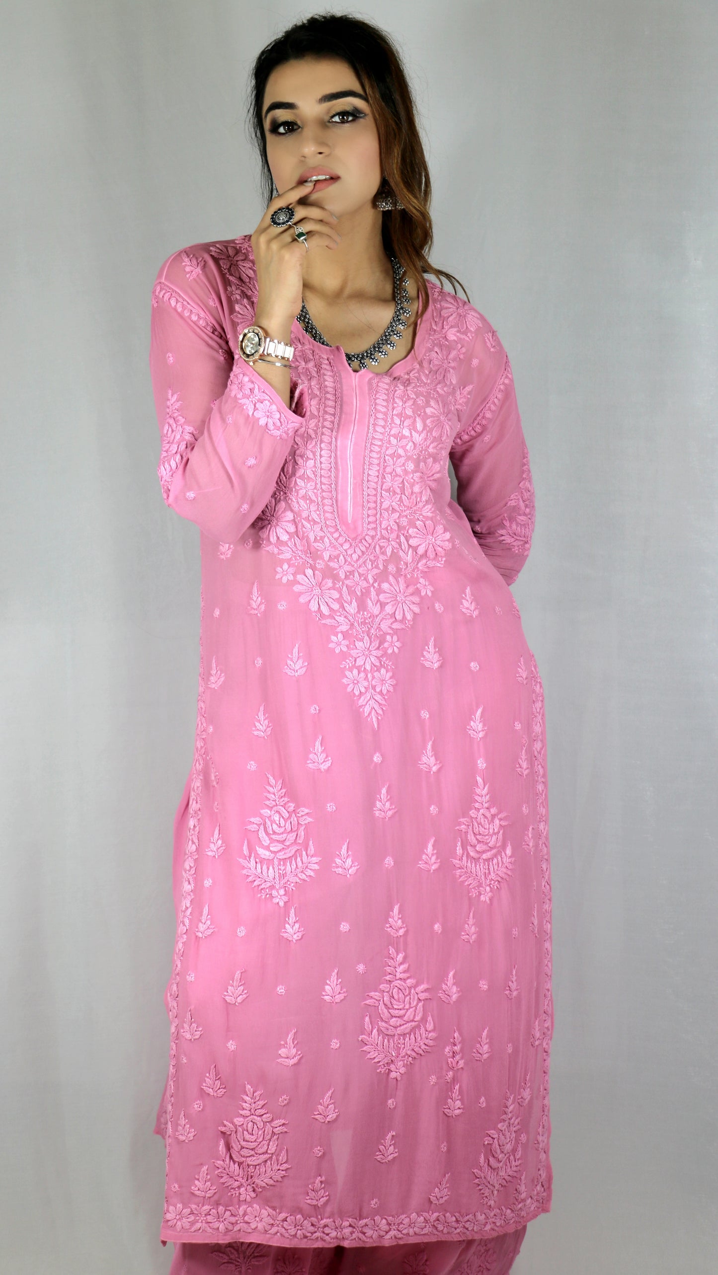 Pink Premium Viscose Chikankari Set
