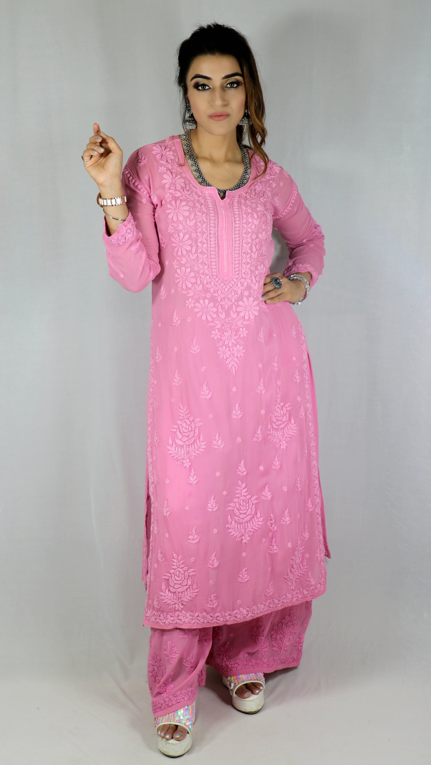 Pink Premium Viscose Chikankari Set