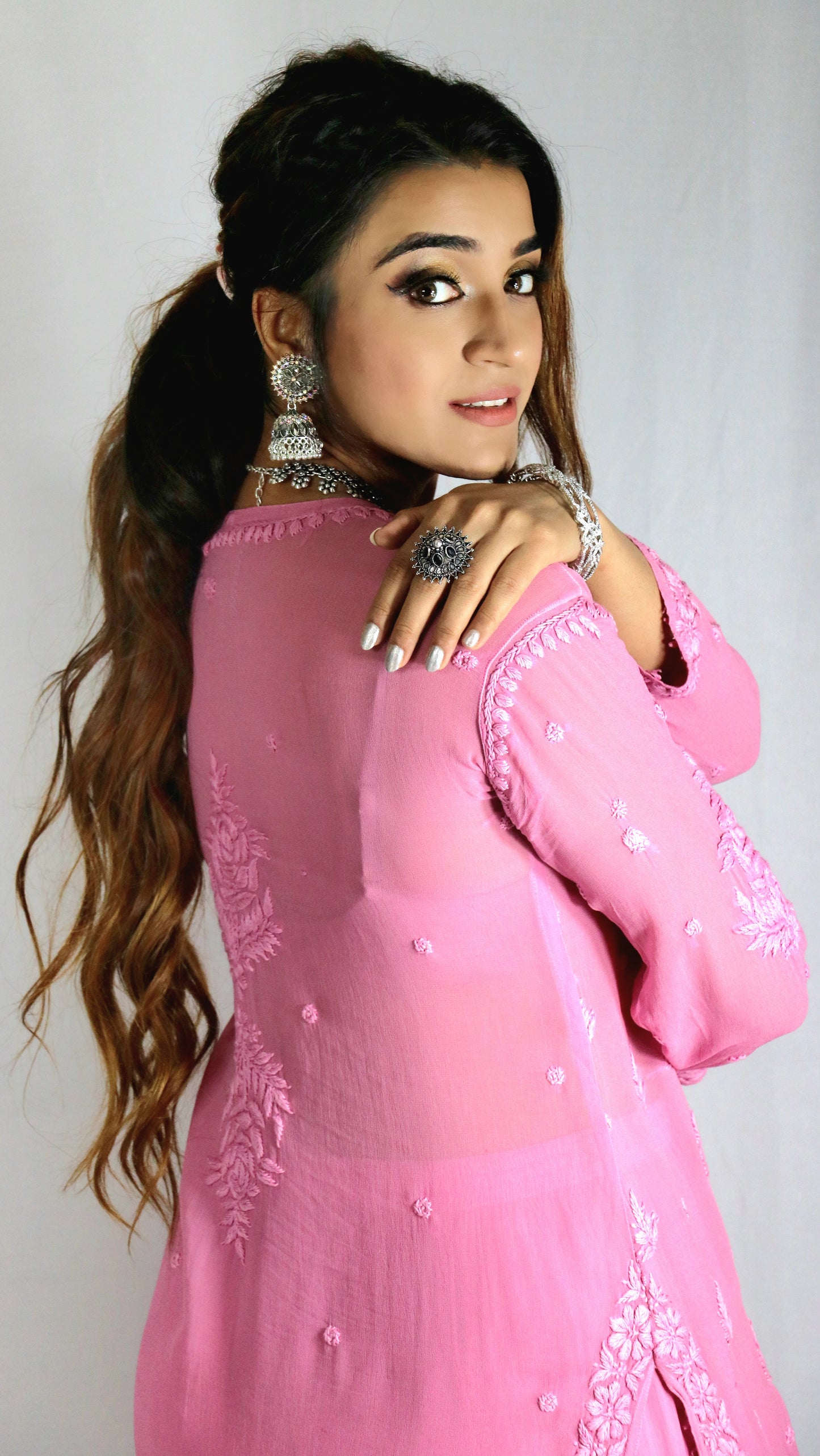Pink Premium Viscose Chikankari Set