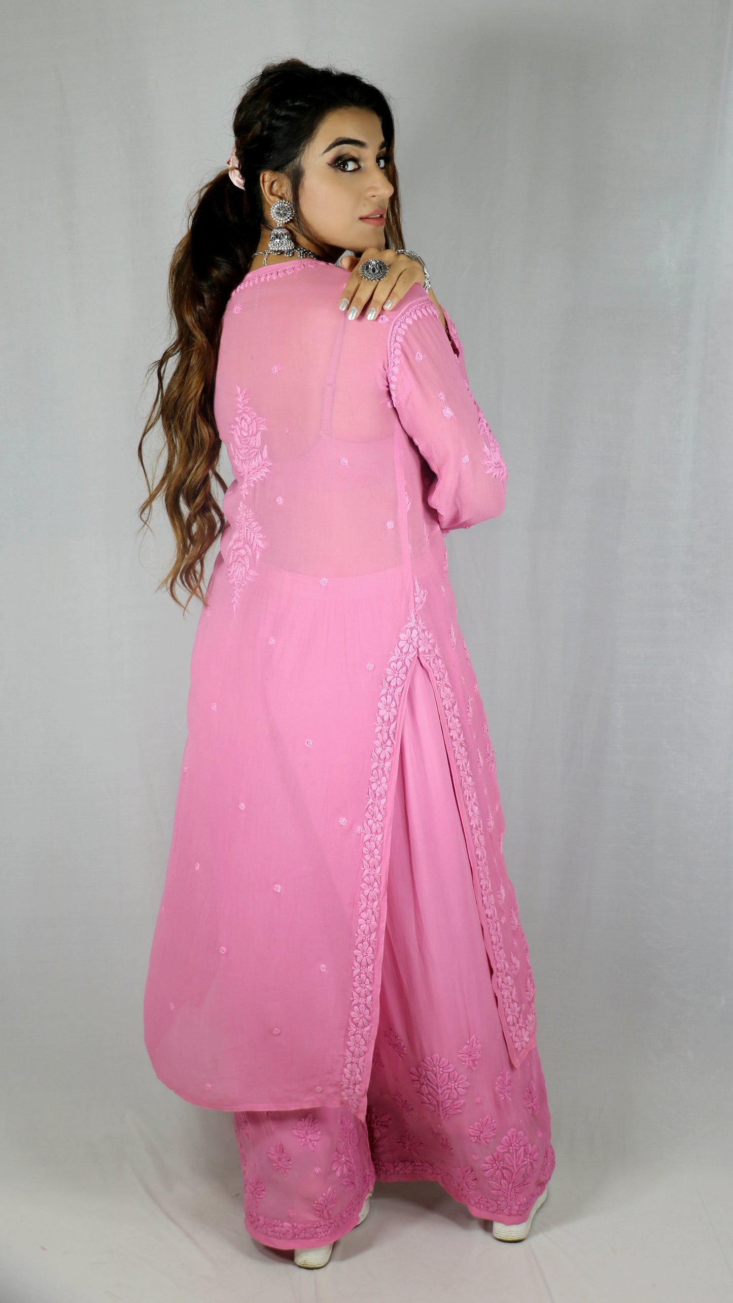 Pink Premium Viscose Chikankari Set