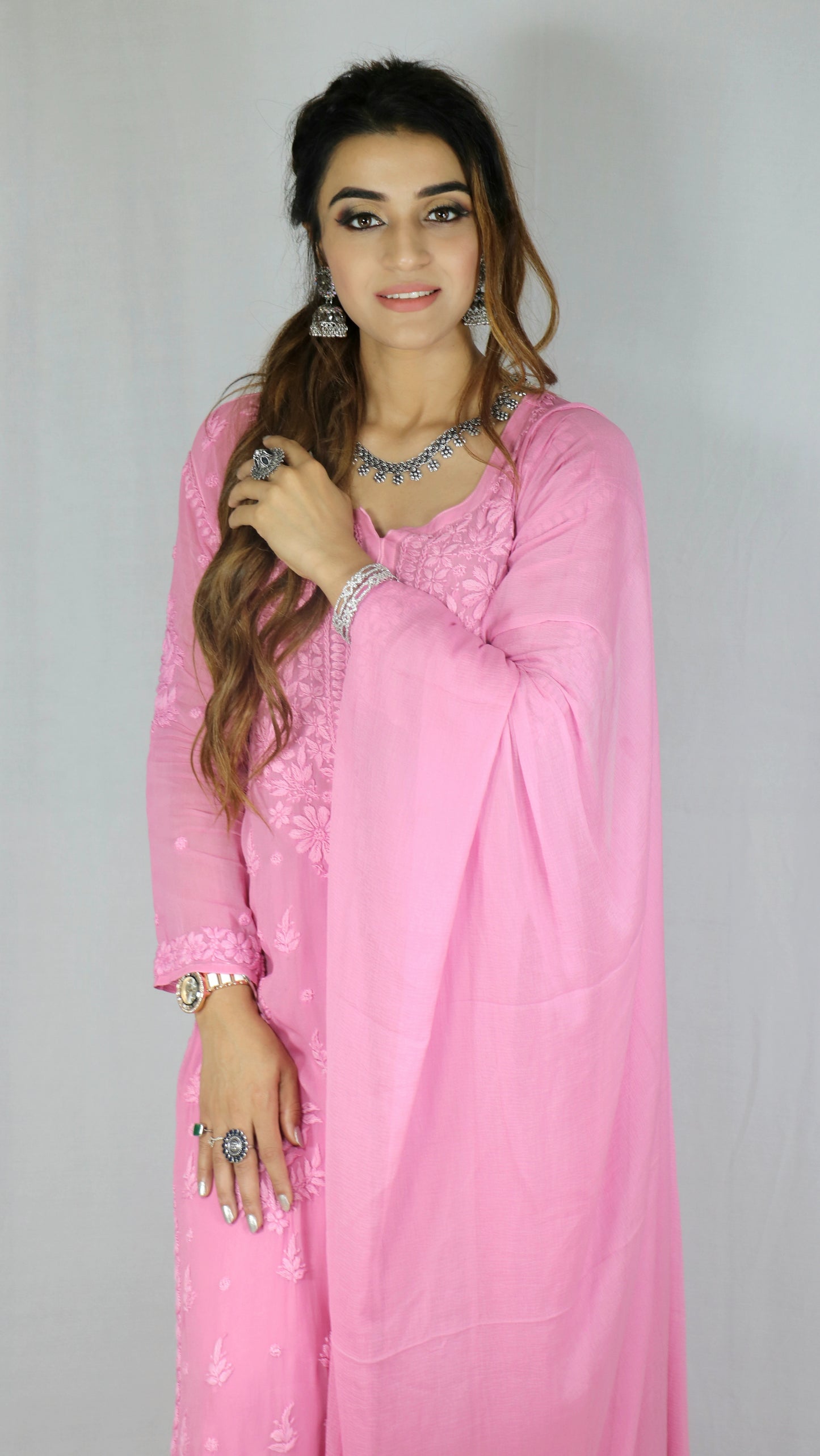 Pink Premium Viscose Chikankari Set