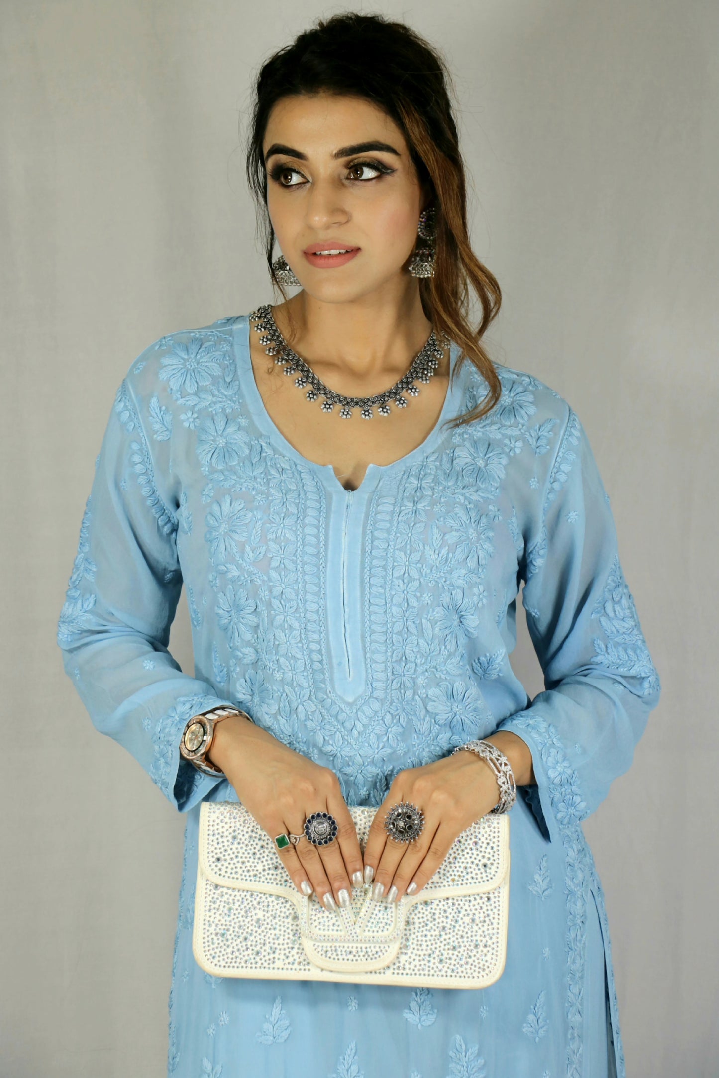 Sky Blue Premium Viscose Chikankari Set