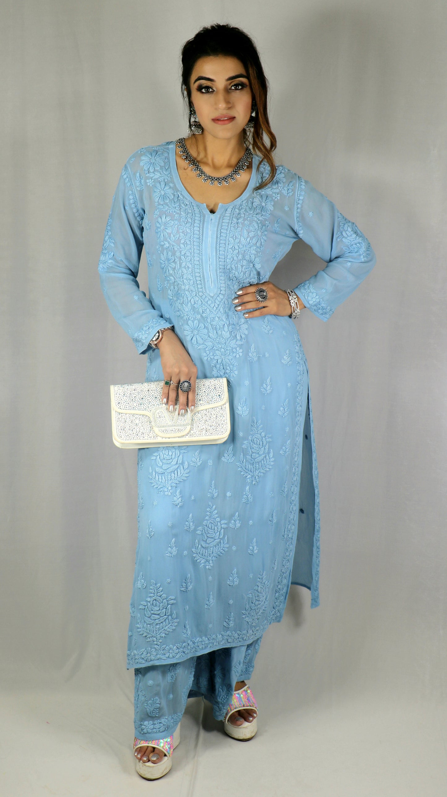 Sky Blue Premium Viscose Chikankari Set