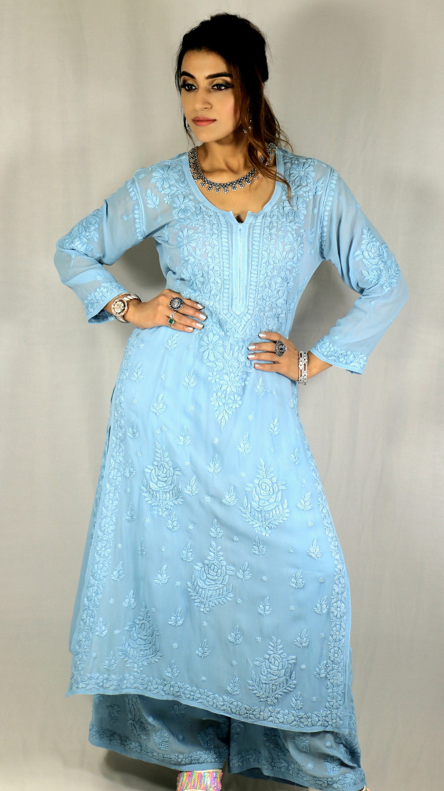 Sky Blue Premium Viscose Chikankari Set