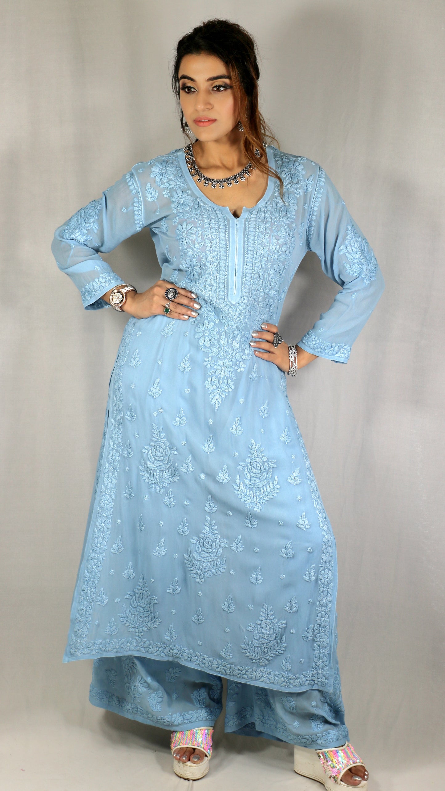 Sky Blue Premium Viscose Chikankari Set