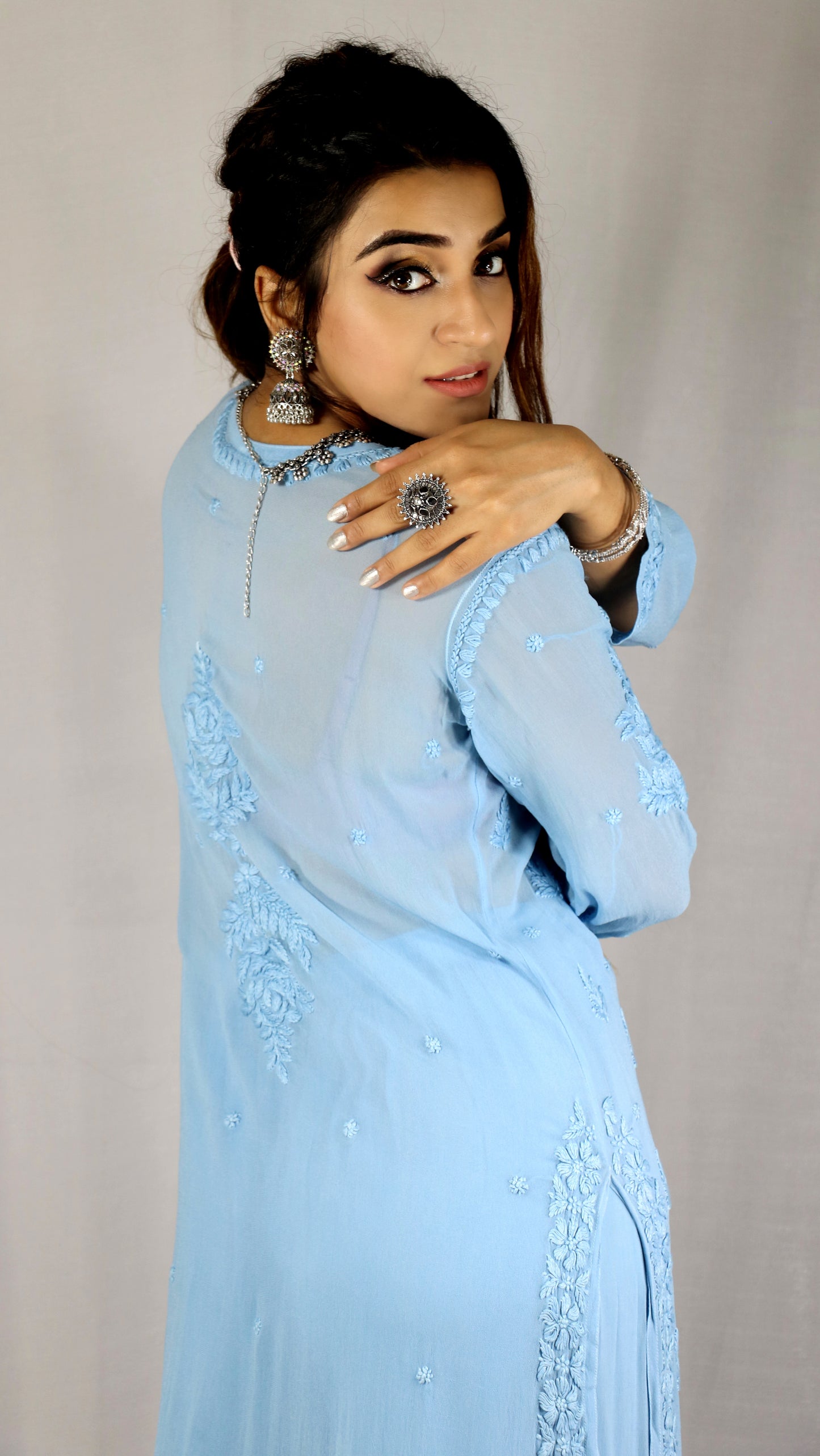 Sky Blue Premium Viscose Chikankari Set