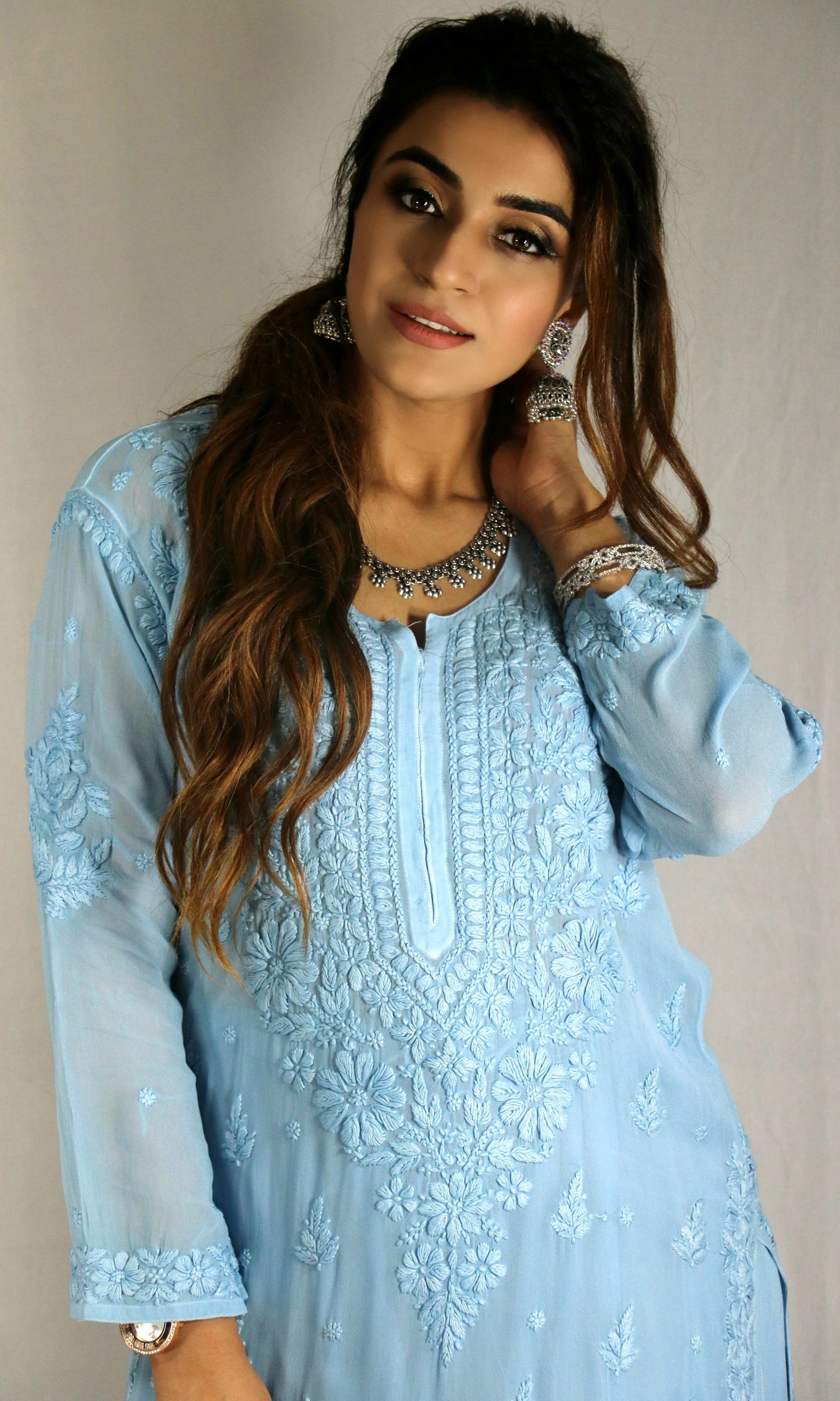 Sky Blue Premium Viscose Chikankari Set