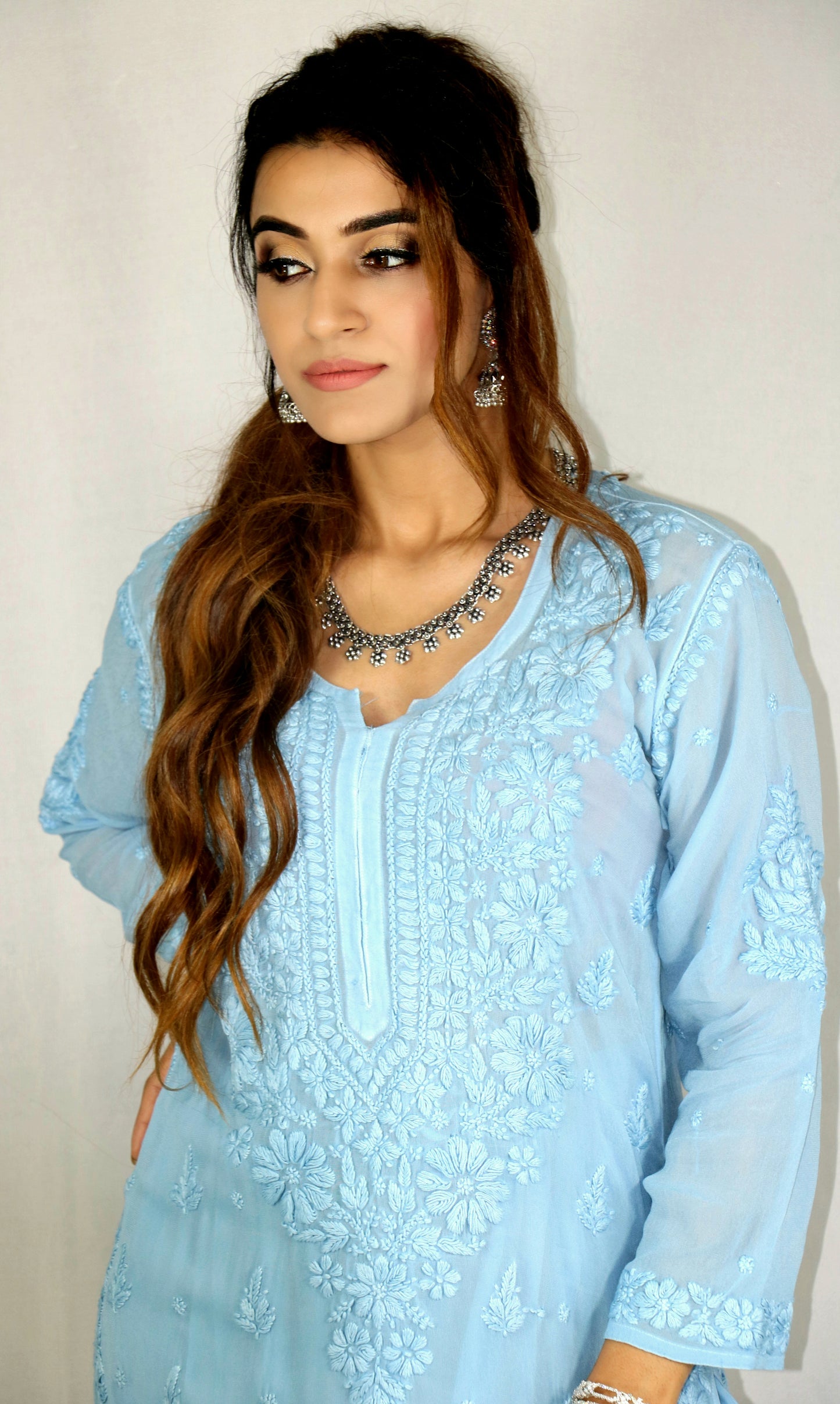 Sky Blue Premium Viscose Chikankari Set