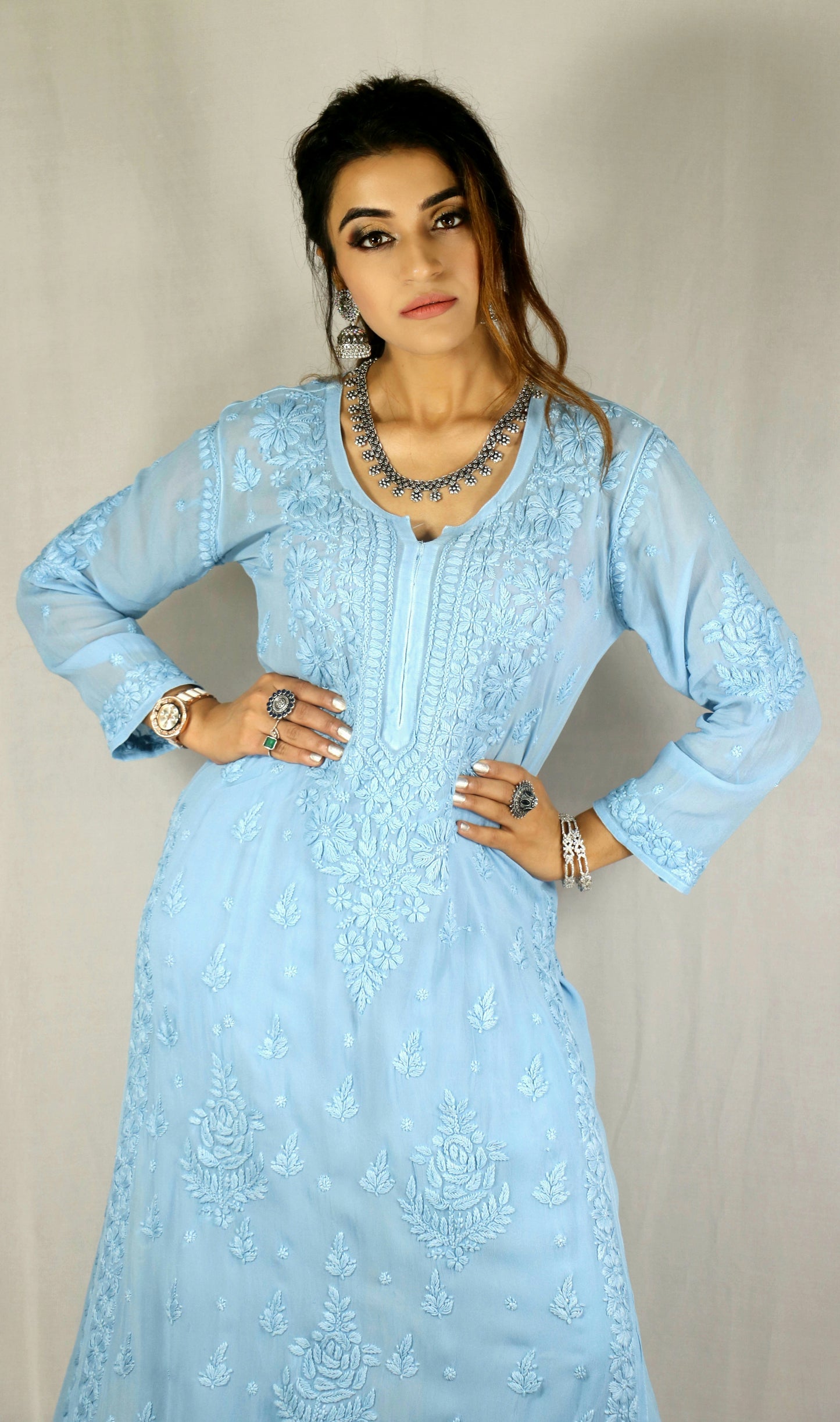 Sky Blue Premium Viscose Chikankari Set