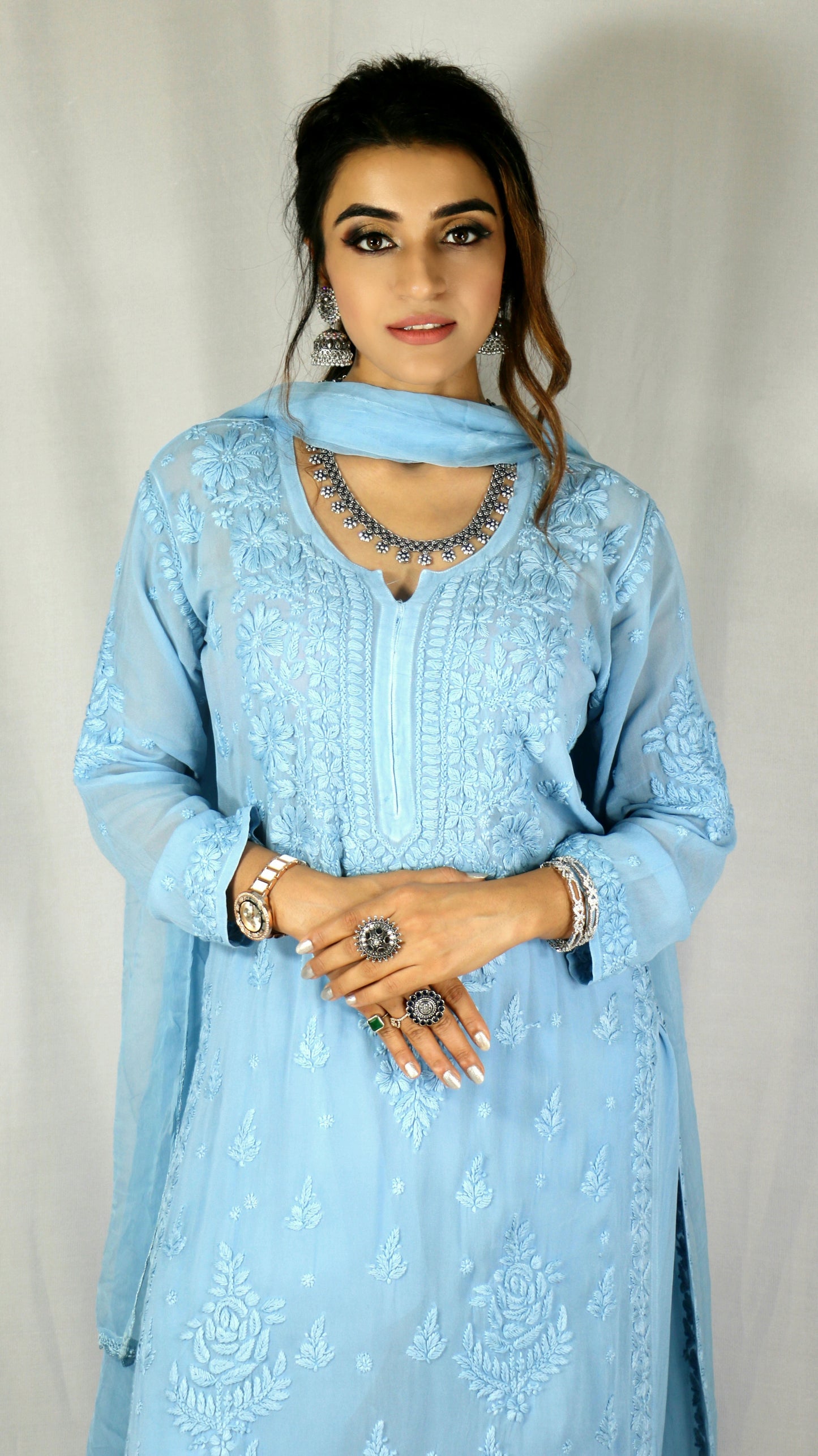 Sky Blue Premium Viscose Chikankari Set