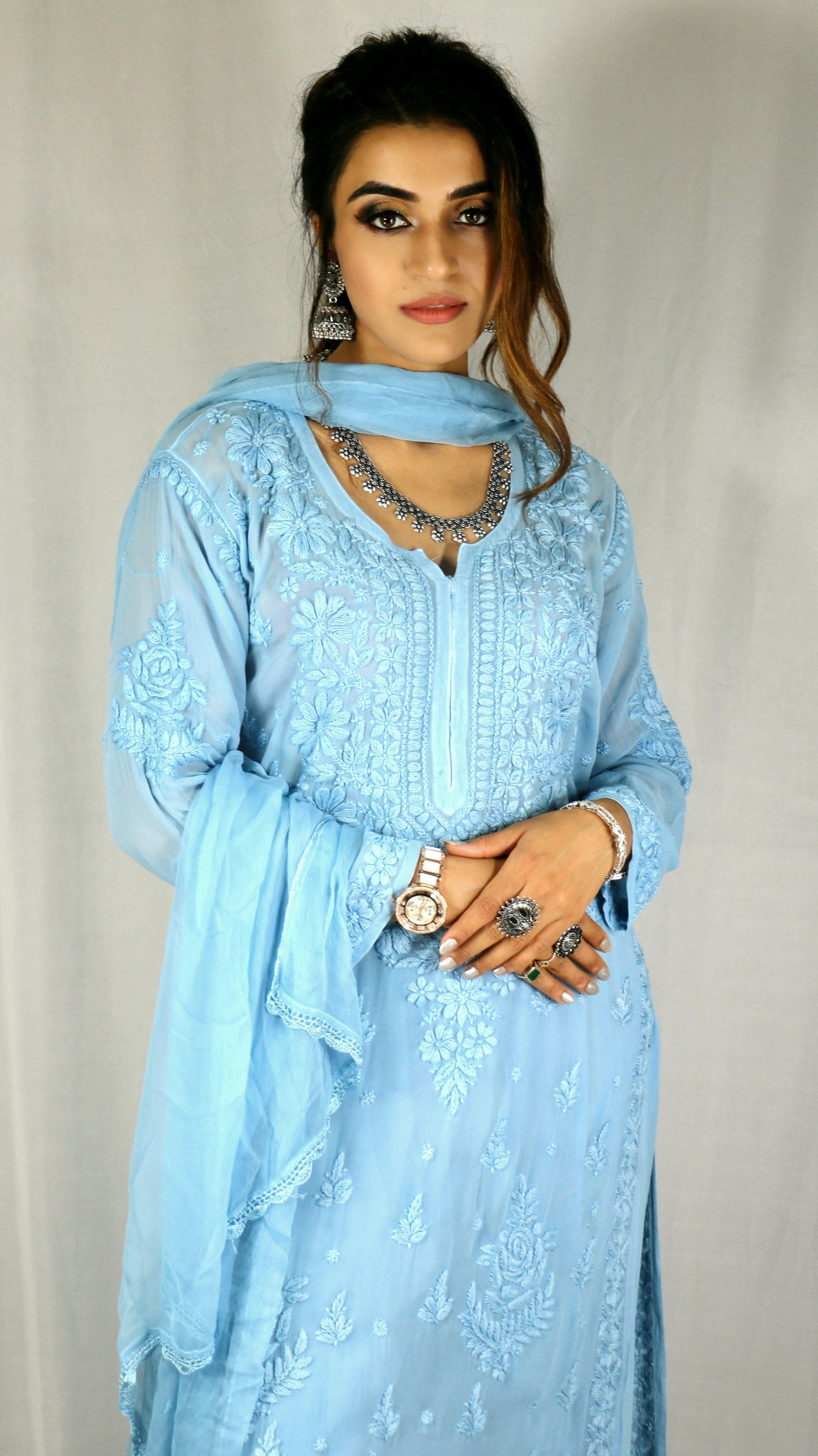 Sky Blue Premium Viscose Chikankari Set