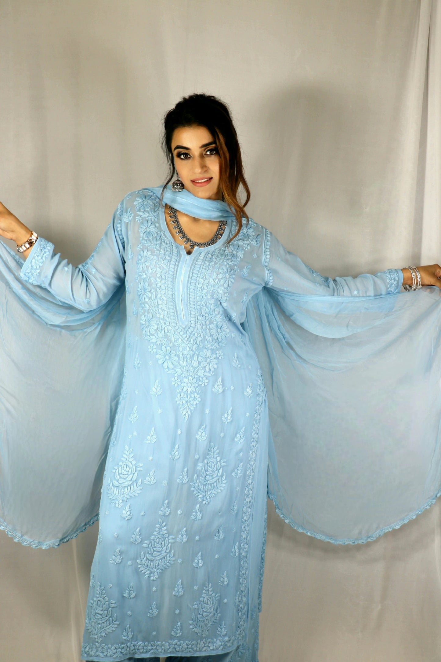Sky Blue Premium Viscose Chikankari Set