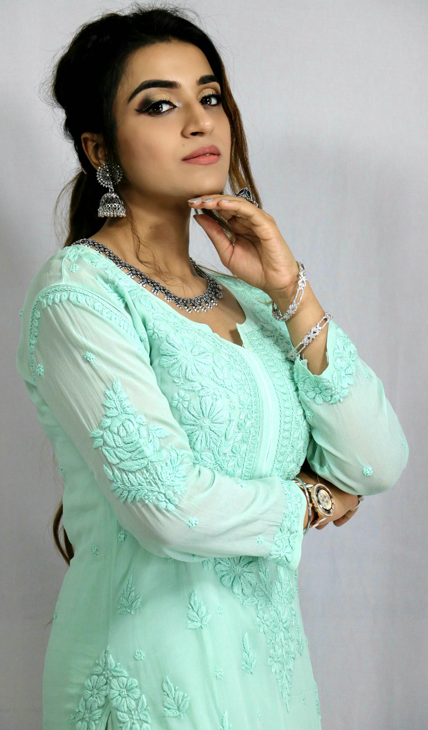 Sea Green Premium Viscose Chikankari Set