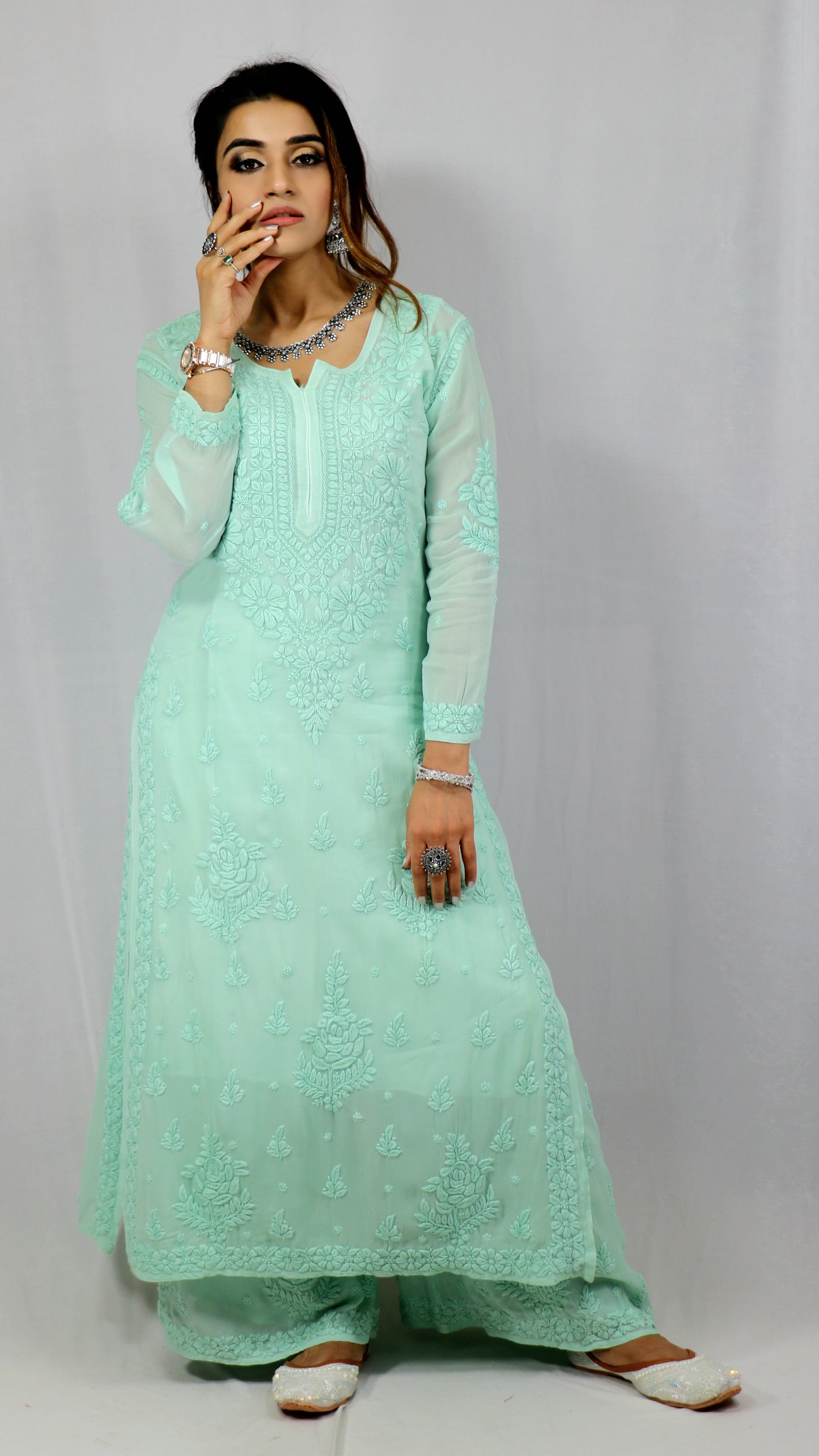 Sea Green Premium Viscose Chikankari Set