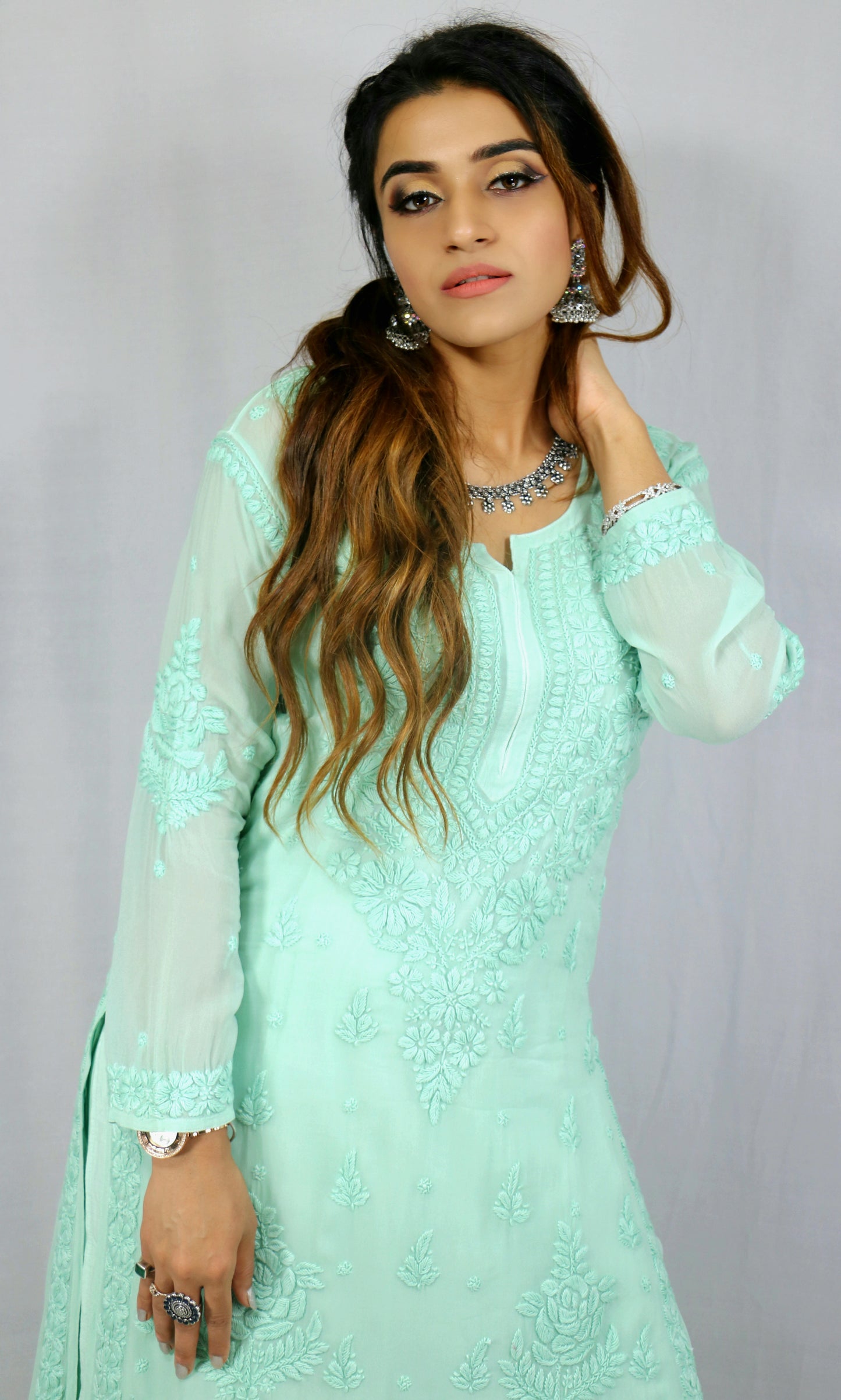 Sea Green Premium Viscose Chikankari Set