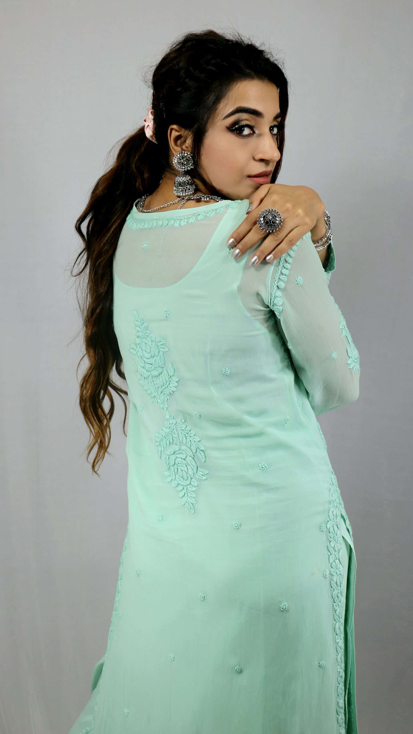 Sea Green Premium Viscose Chikankari Set