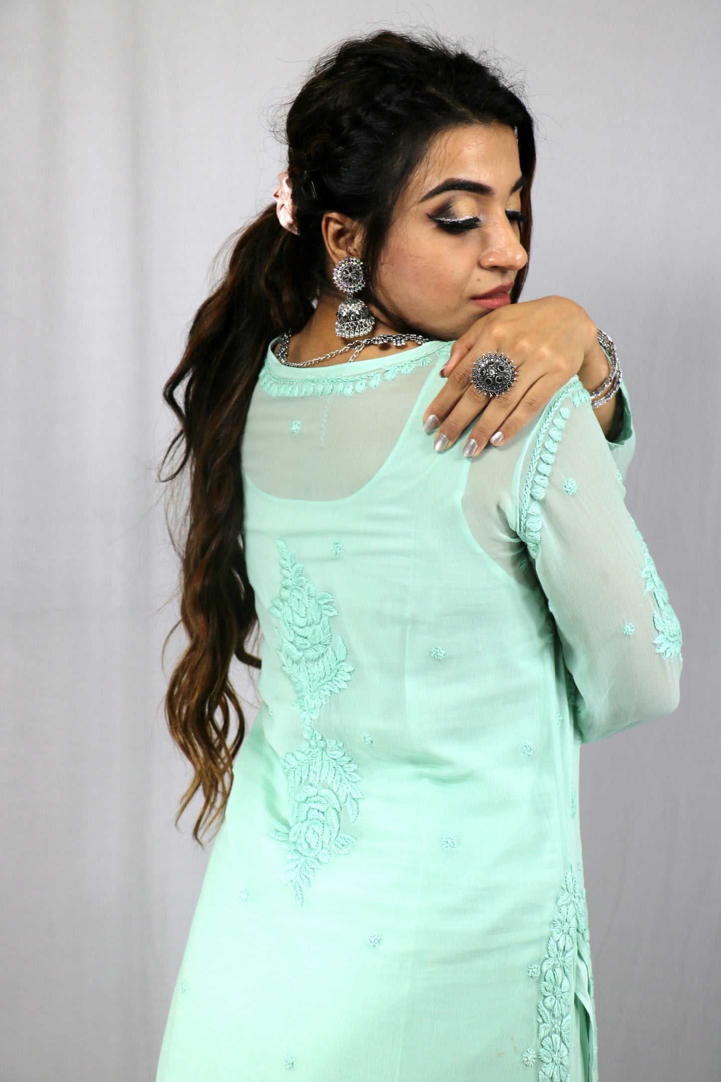 Sea Green Premium Viscose Chikankari Set