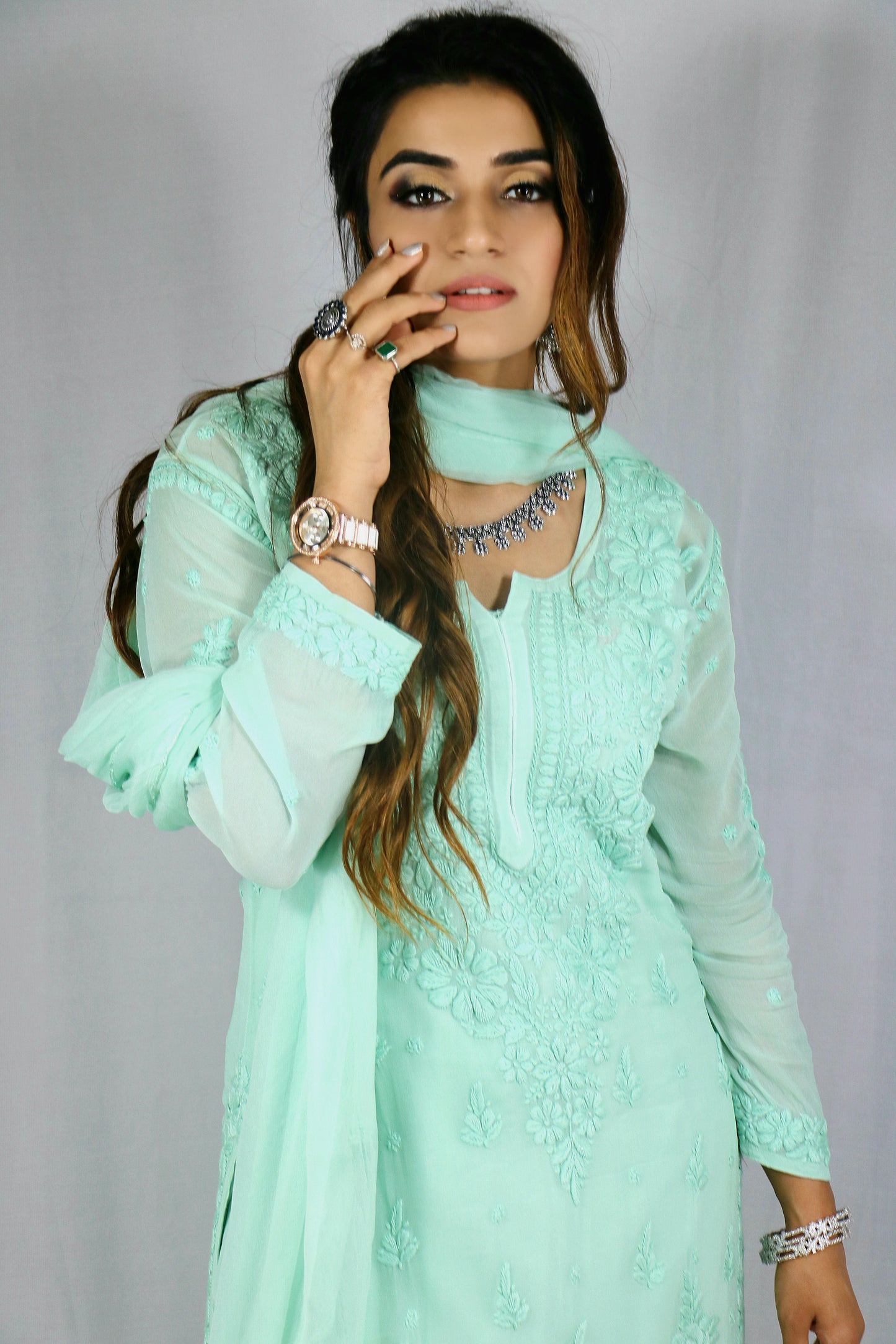 Sea Green Premium Viscose Chikankari Set