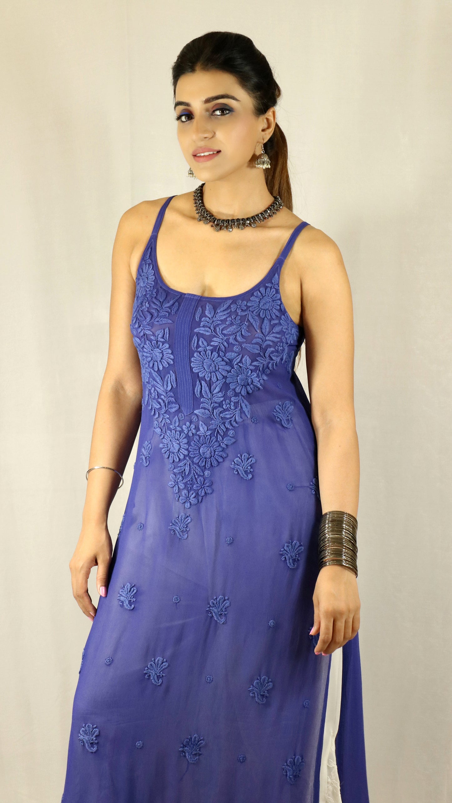 Blue Long Sleeveless Viscose/Georgette Chikankari Kurti