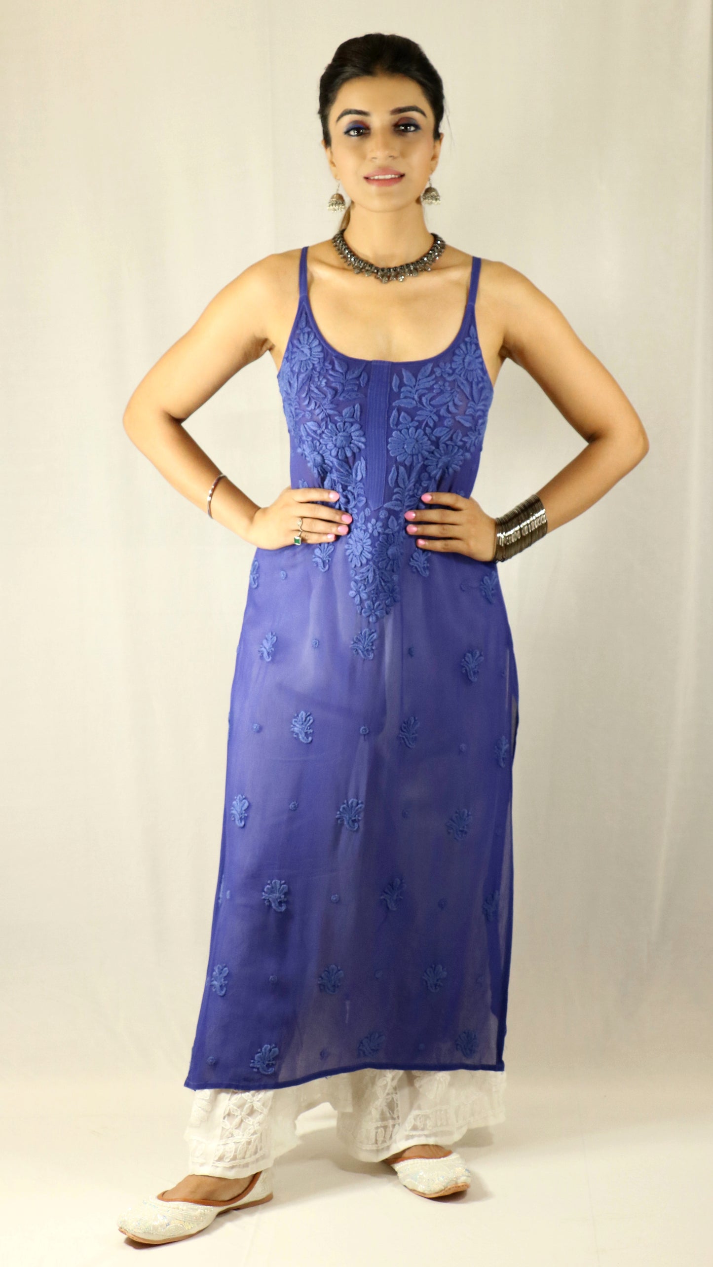 Blue Long Sleeveless Viscose/Georgette Chikankari Kurti