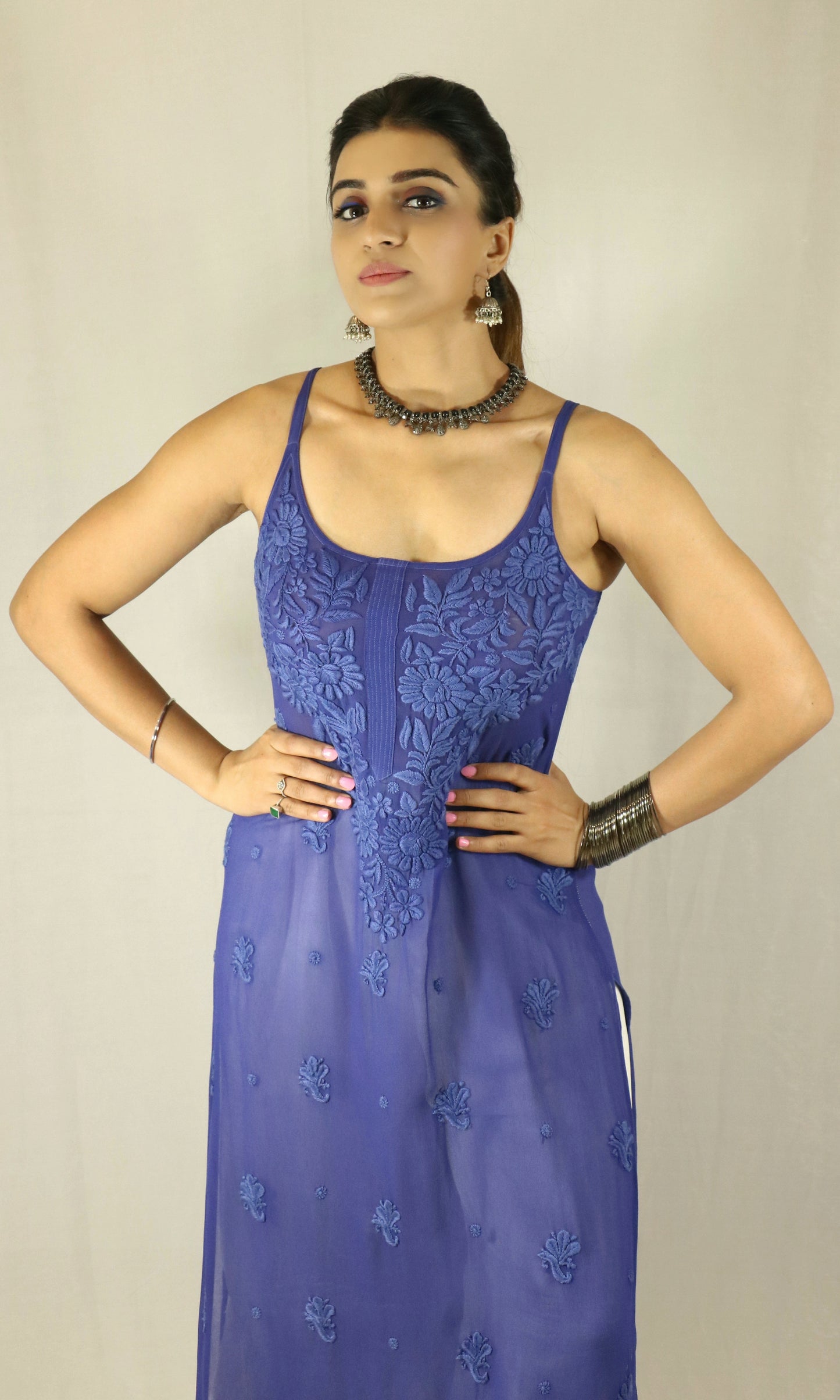 Blue Long Sleeveless Viscose/Georgette Chikankari Kurti