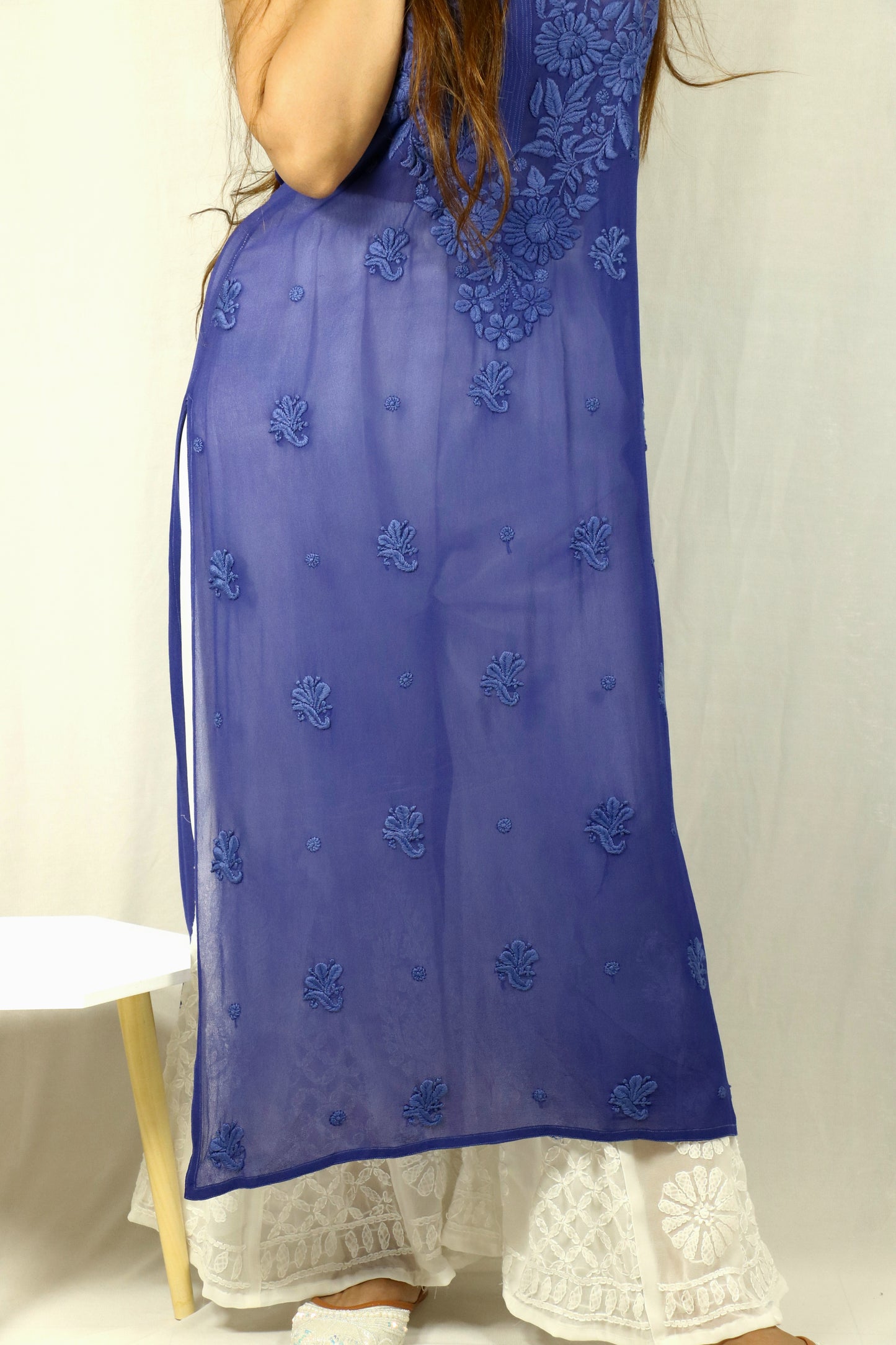 Blue Long Sleeveless Viscose/Georgette Chikankari Kurti