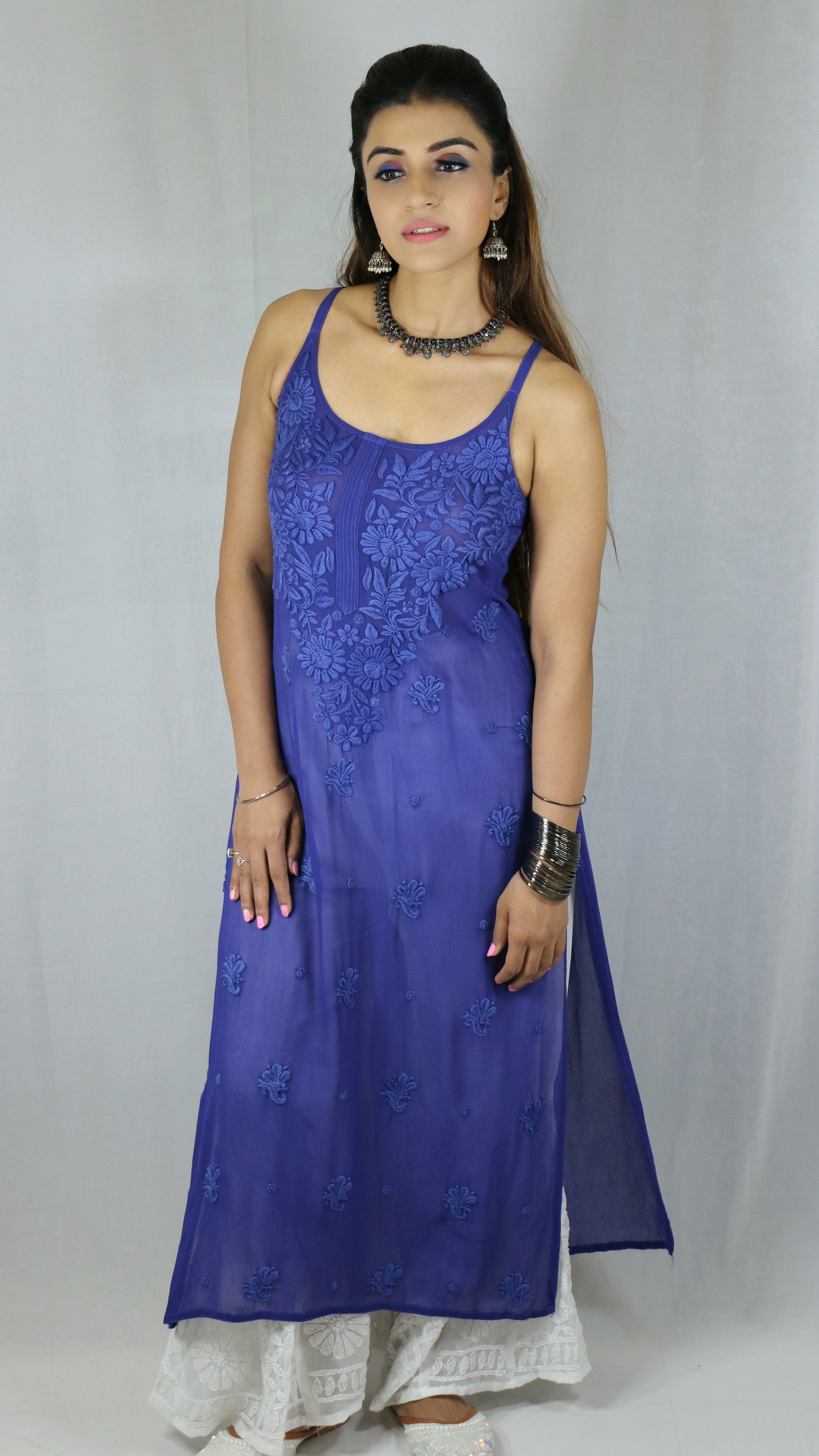 Blue Long Sleeveless Viscose/Georgette Chikankari Kurti