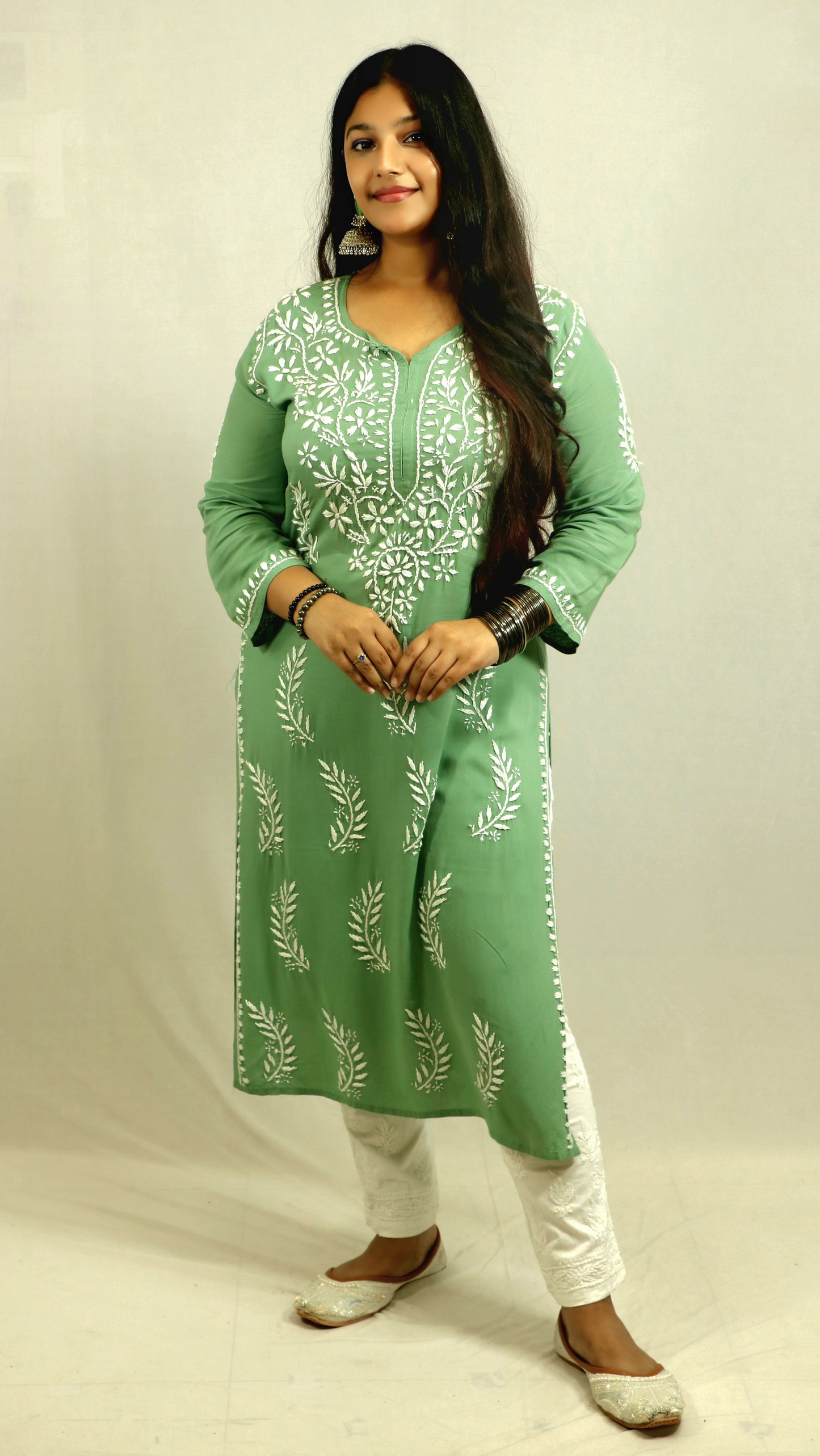 Green Modal Chikankari Kurti