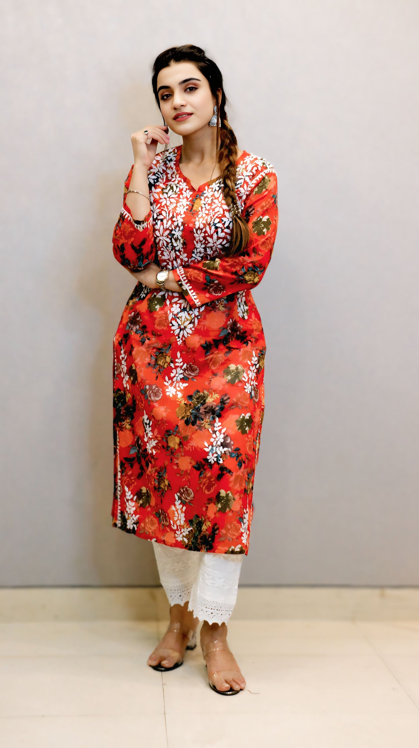 Orange Printed Chikankari Kurti